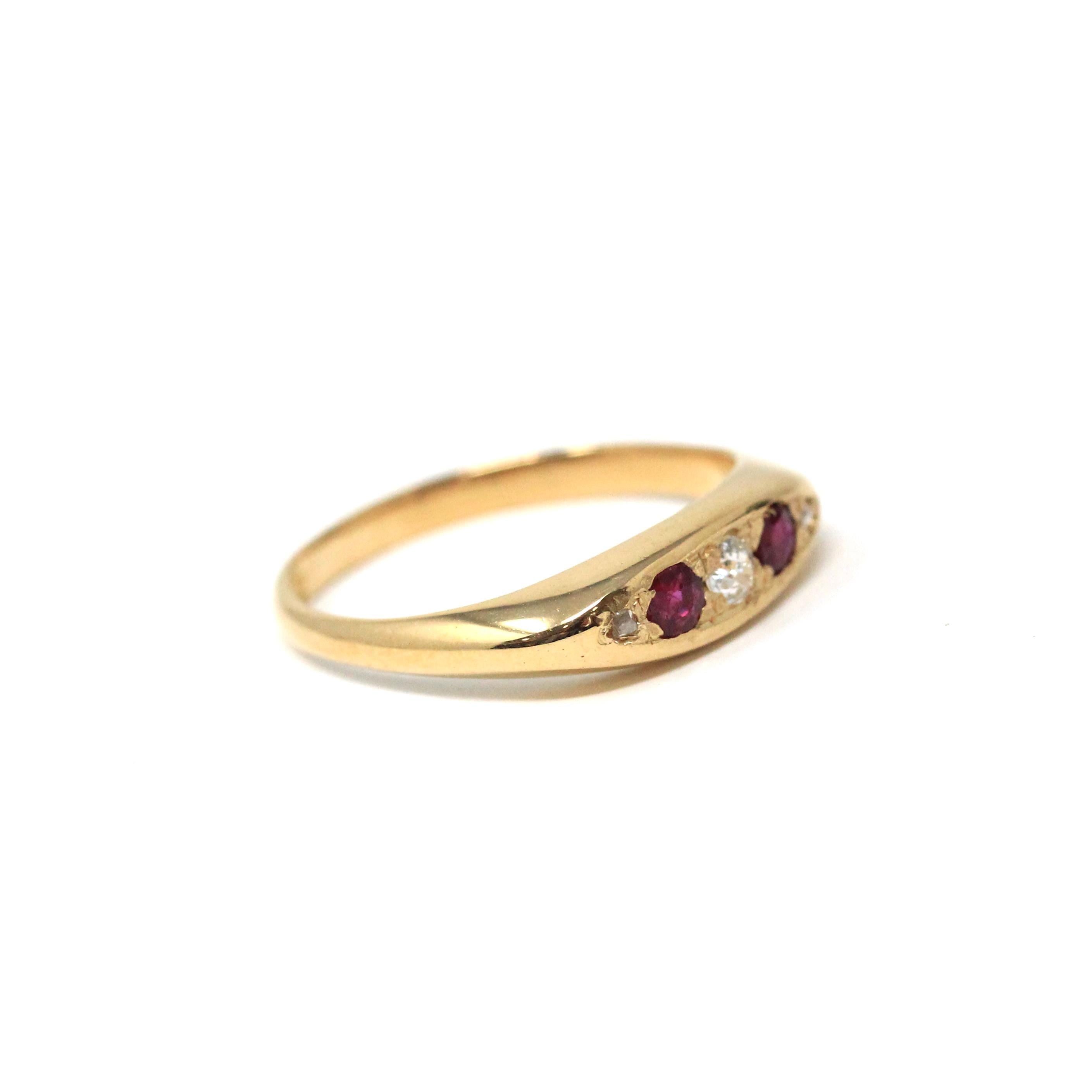 Antique Ruby & Diamond Ring - Edwardian Era 18k Yellow Gold Natural Red White Gemstones Anniversary Band - Circa 1910s Size 6 Fine Jewelry
