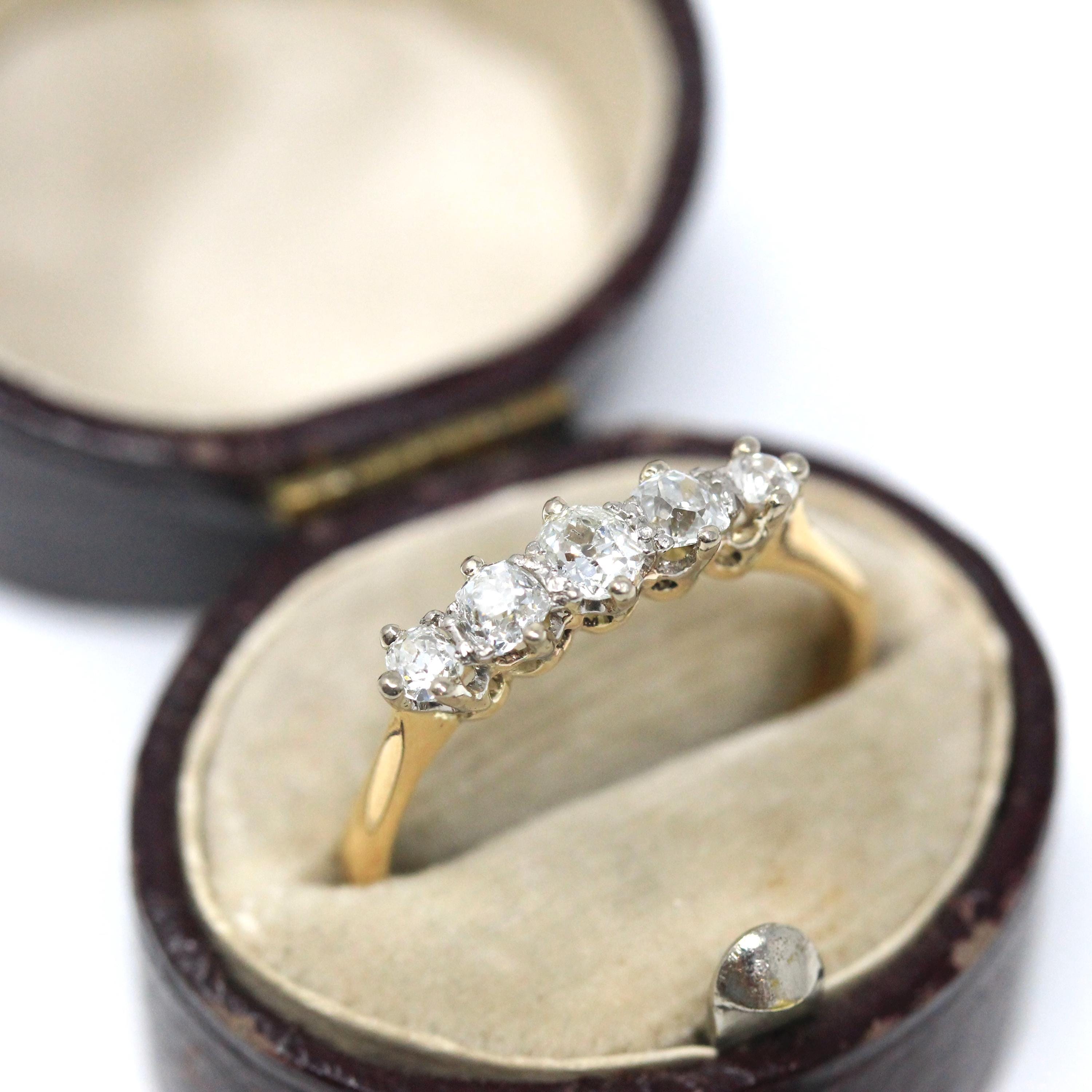 Edwardian Diamond Band - Antique 18k Yellow Gold Natural Graduated Gemstones Wedding Ring - Circa 1910s Era Handmade Fine Stacking Jewelry