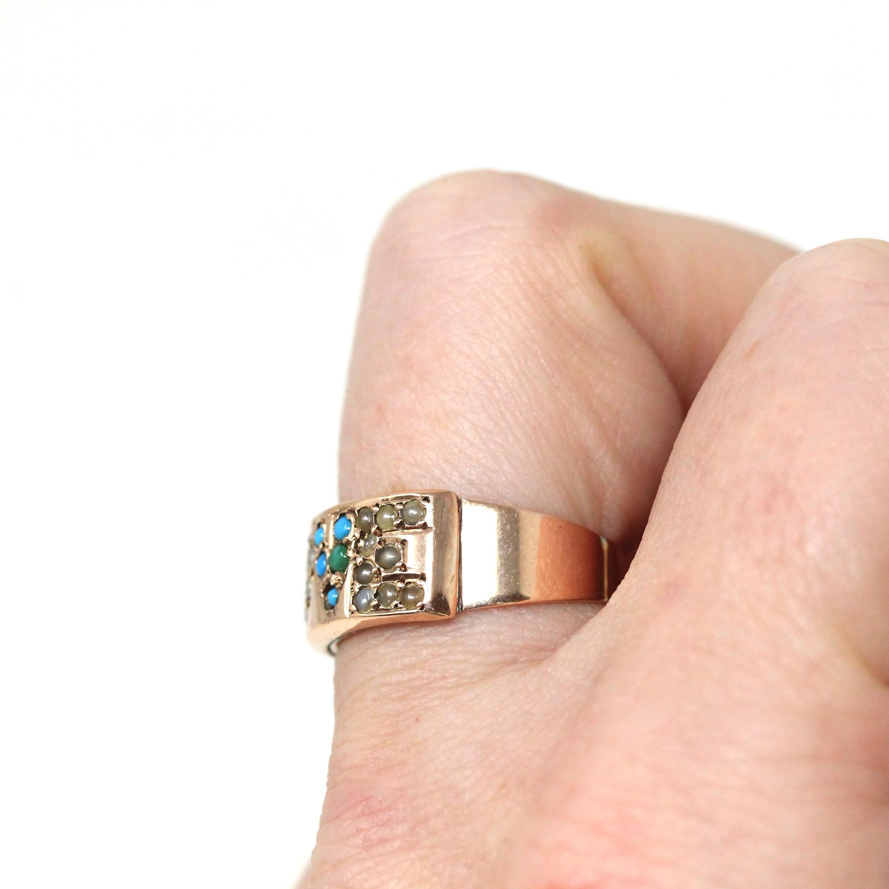 Antique LOVE Ring - Victorian 14k Rose Gold Simulated Turquoise Seed Pearl Gemstones Statement - Late 1800s Era Band Size 5 1/4 Fine Jewelry