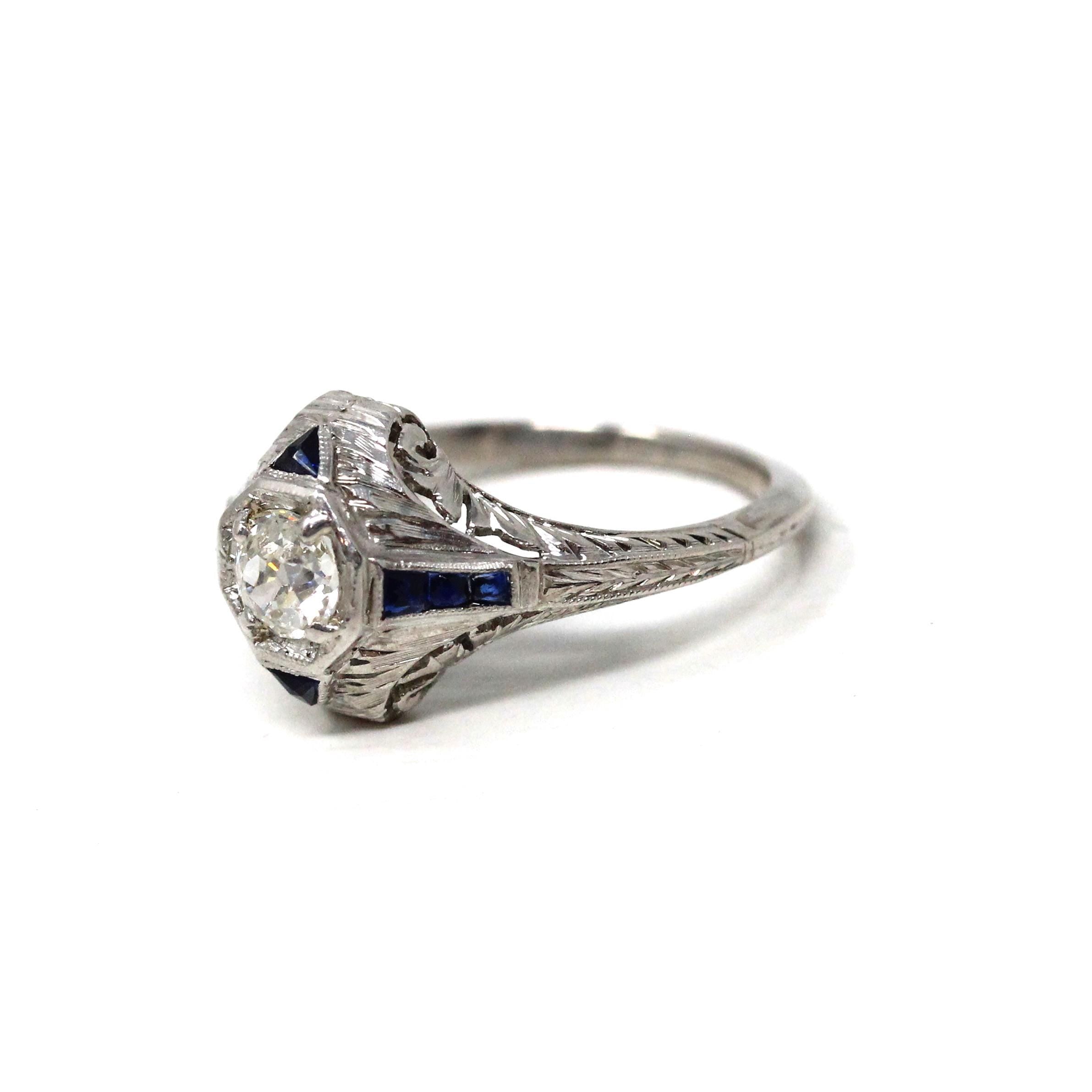 Antique Engagement Ring - Art Deco Era Platinum Filigree Natural Diamond Created Blue Sapphire -Circa 1920s Size 6 1/4 Fine Report Jewelry