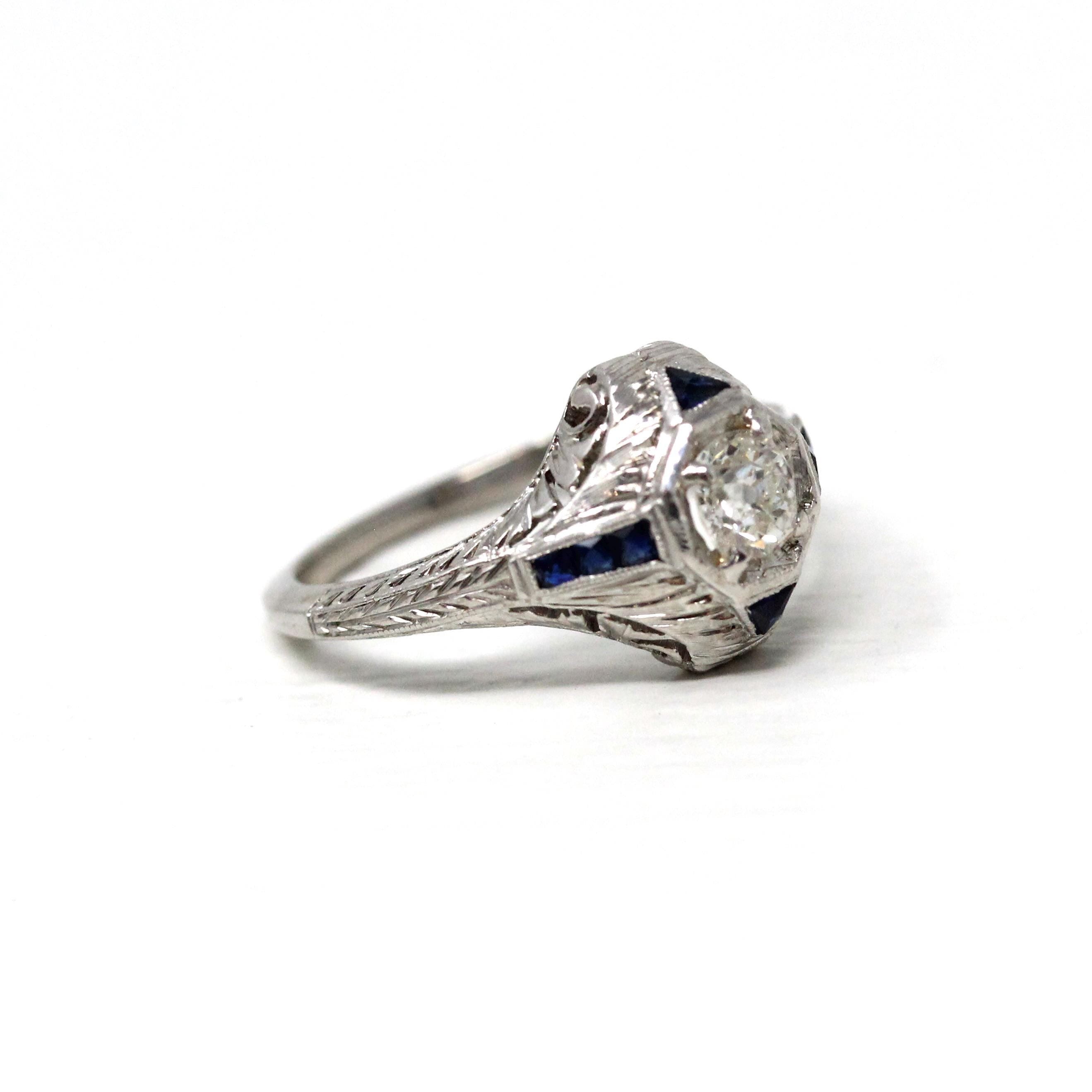 Antique Engagement Ring - Art Deco Era Platinum Filigree Natural Diamond Created Blue Sapphire -Circa 1920s Size 6 1/4 Fine Report Jewelry
