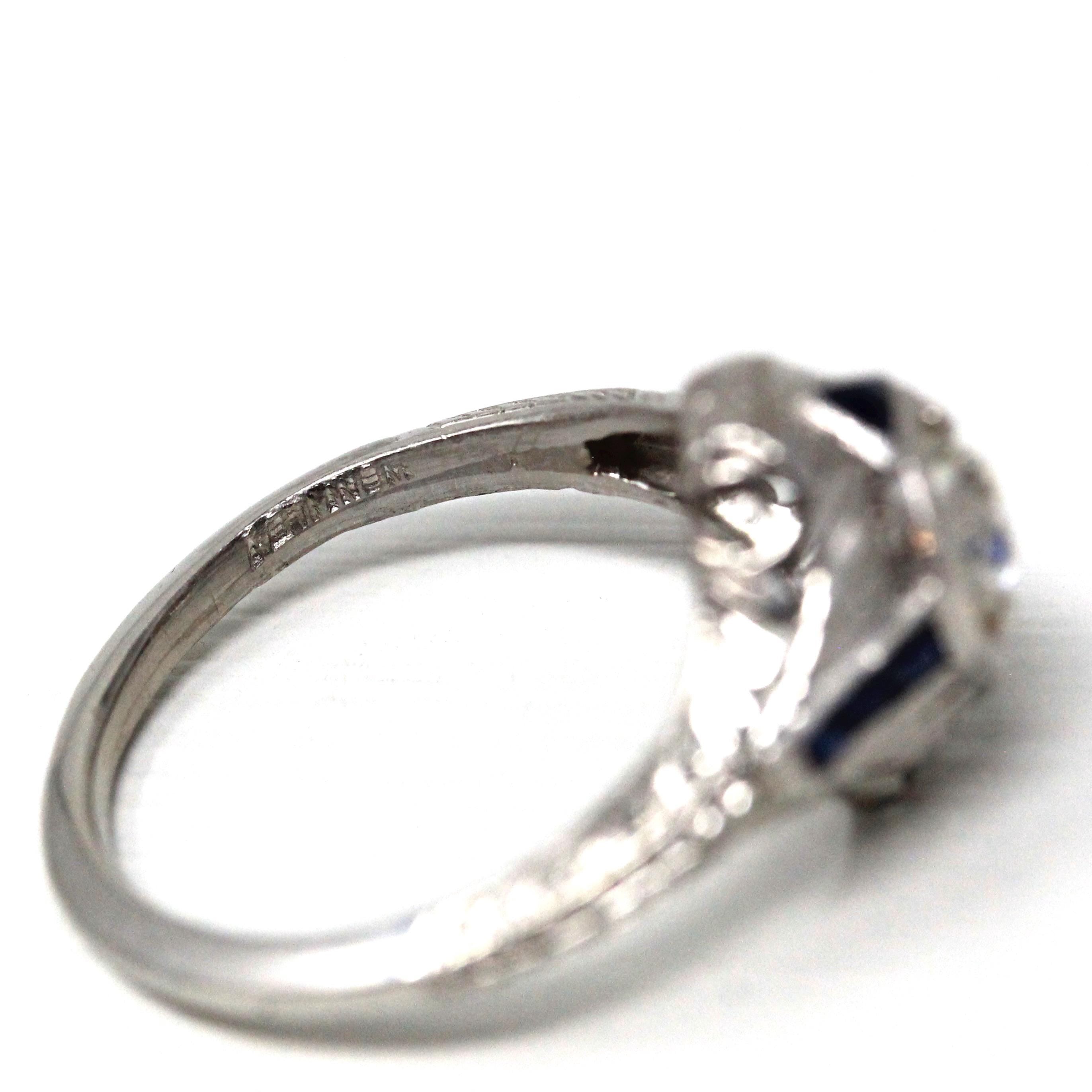 Antique Engagement Ring - Art Deco Era Platinum Filigree Natural Diamond Created Blue Sapphire -Circa 1920s Size 6 1/4 Fine Report Jewelry