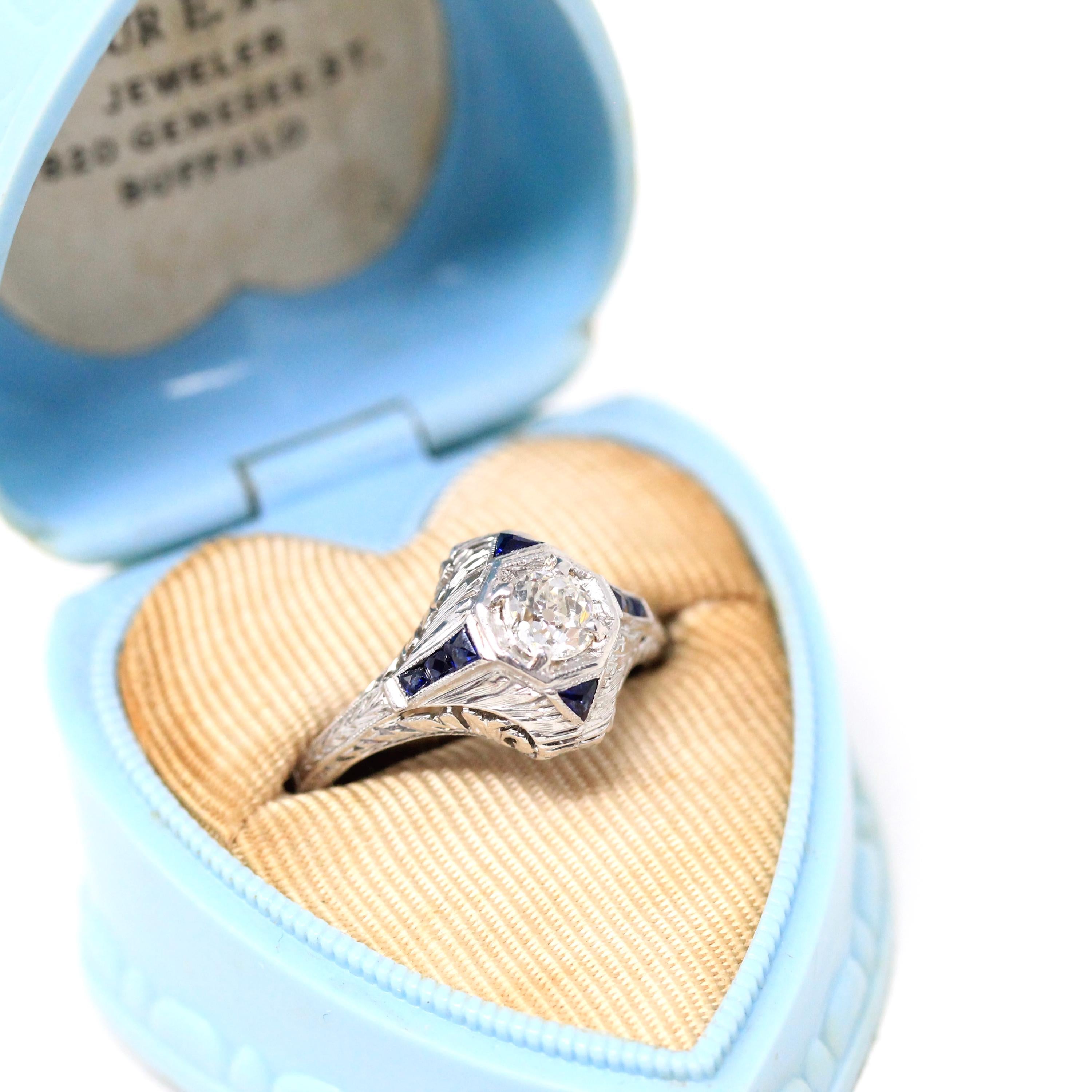 Antique Engagement Ring - Art Deco Era Platinum Filigree Natural Diamond Created Blue Sapphire -Circa 1920s Size 6 1/4 Fine Report Jewelry