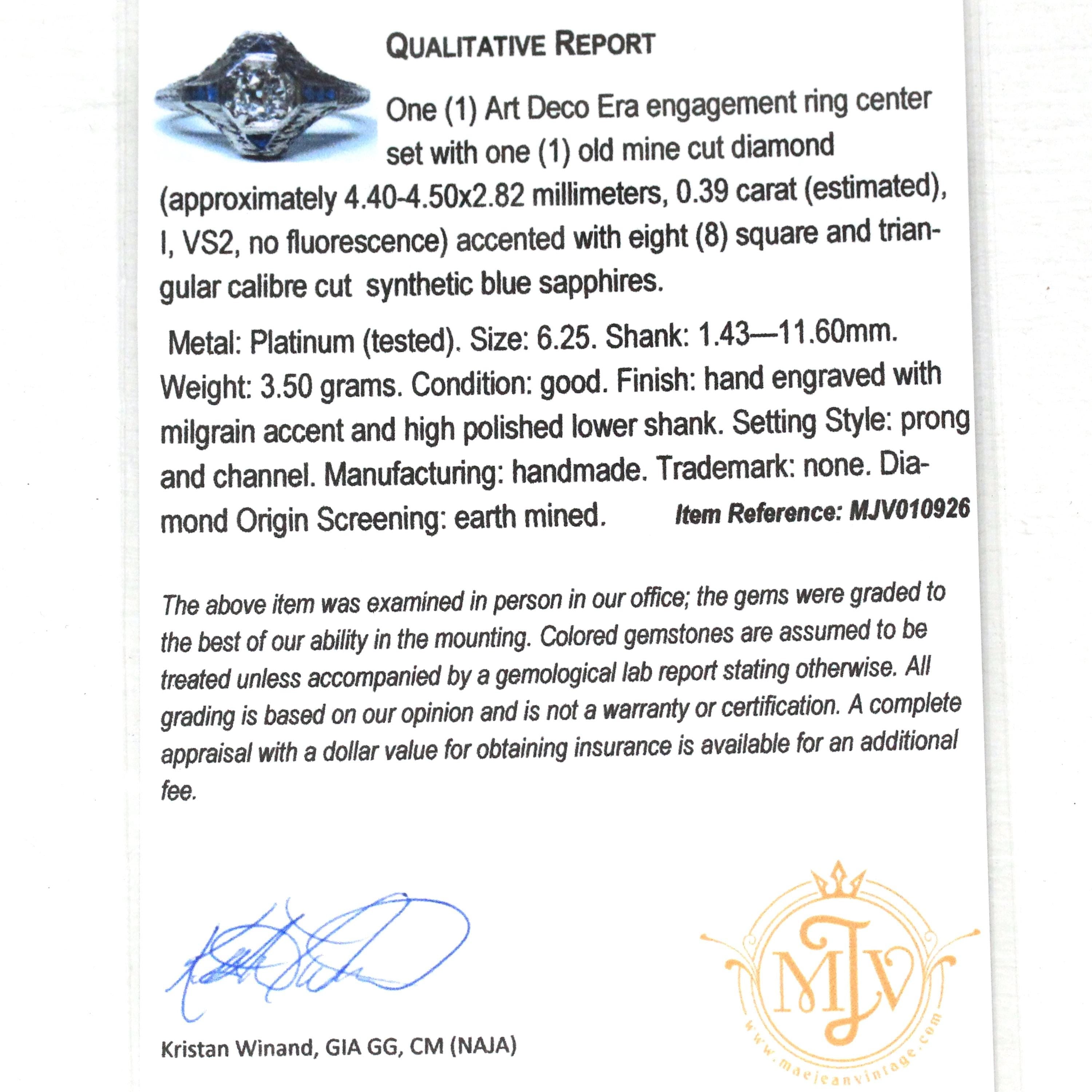 Antique Engagement Ring - Art Deco Era Platinum Filigree Natural Diamond Created Blue Sapphire -Circa 1920s Size 6 1/4 Fine Report Jewelry