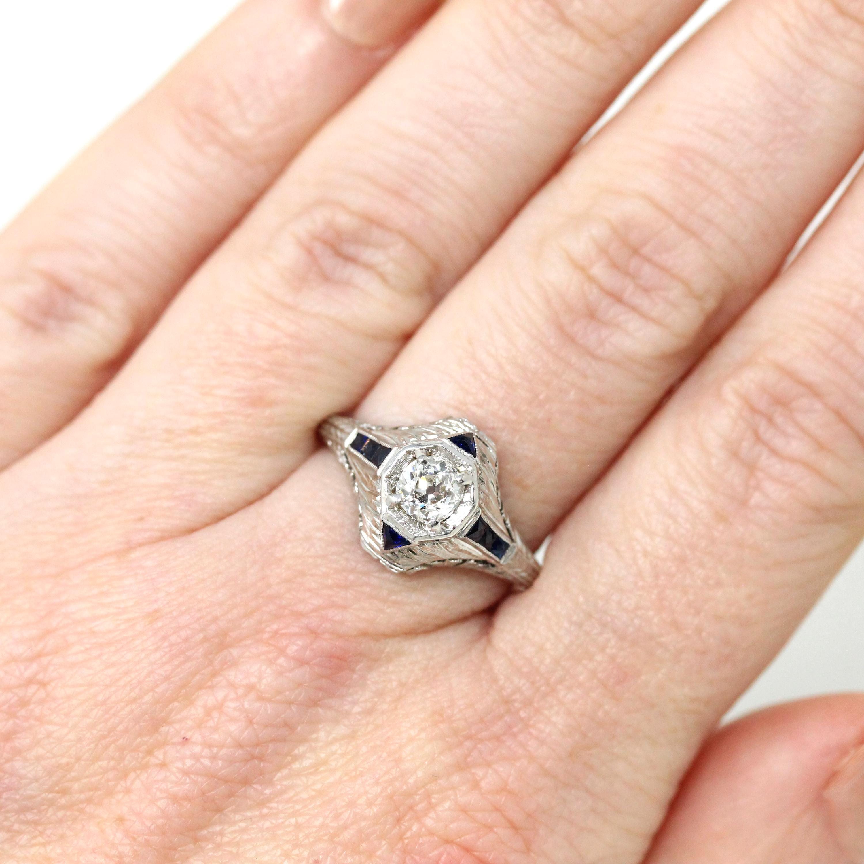 Antique Engagement Ring - Art Deco Era Platinum Filigree Natural Diamond Created Blue Sapphire -Circa 1920s Size 6 1/4 Fine Report Jewelry