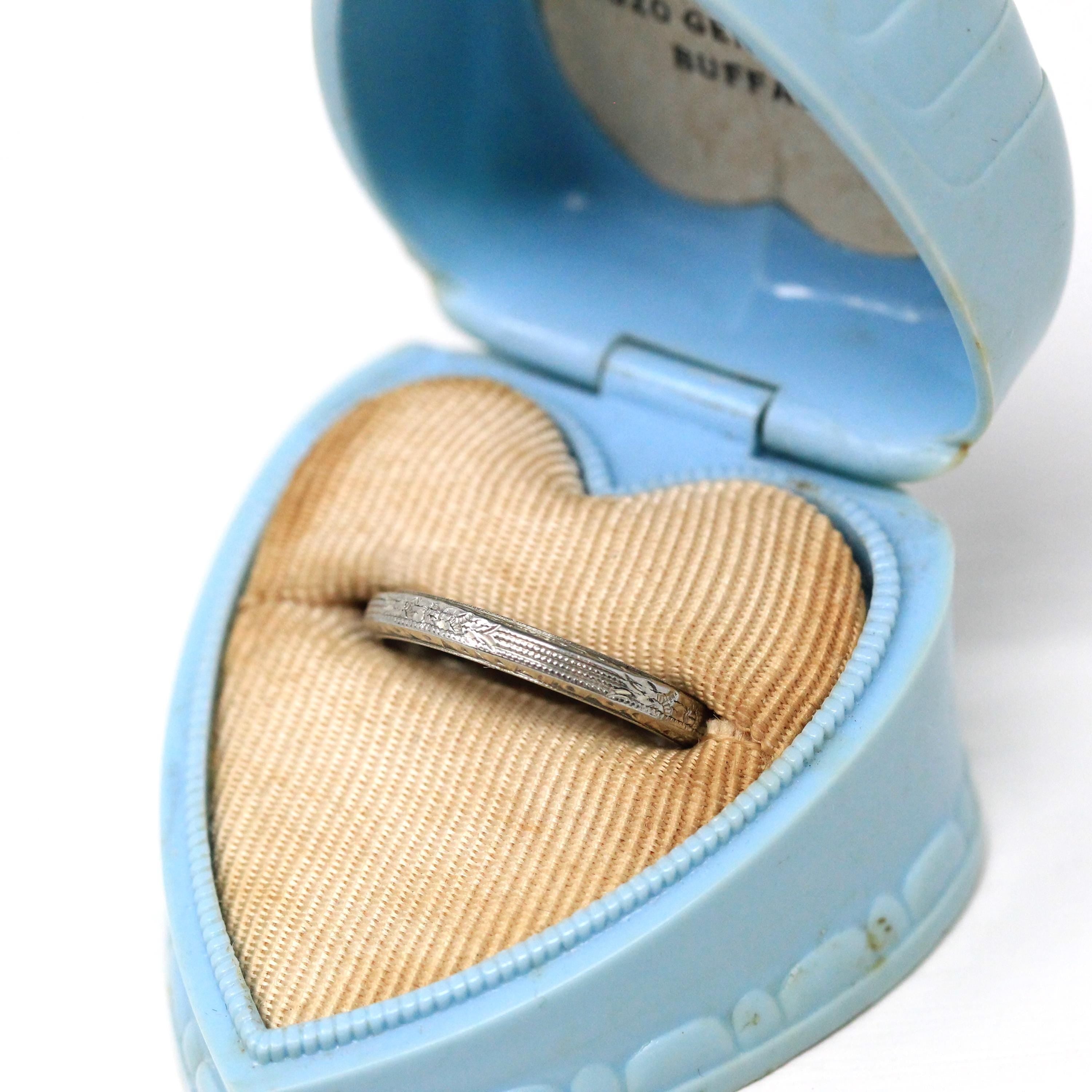 Belais Wedding Band - Art Deco 18k White Gold Engraved Orange Blossom Flower Ring - Antique Circa 1920s Size 6 Fine Signed Bridal Jewelry