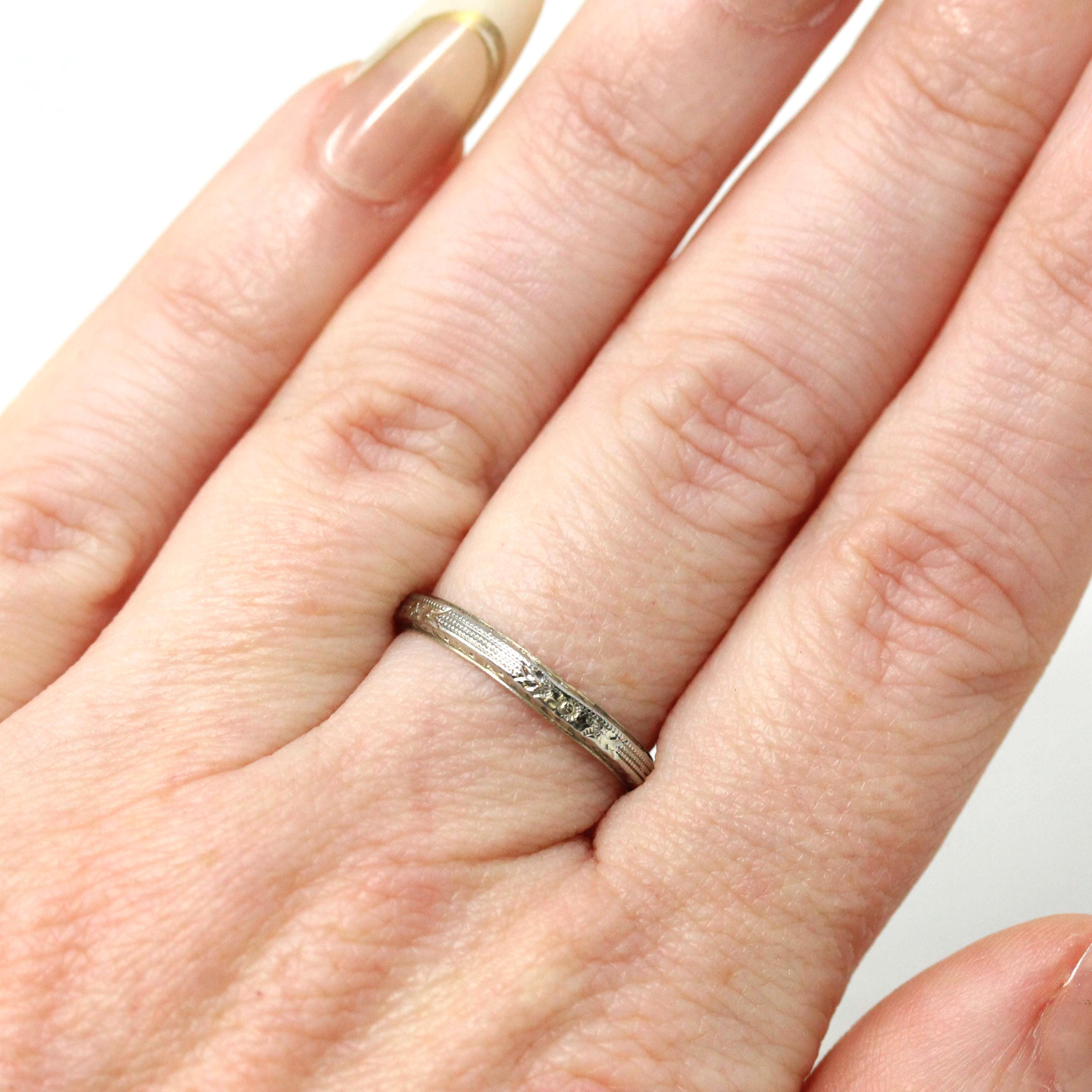 Belais Wedding Band - Art Deco 18k White Gold Engraved Orange Blossom Flower Ring - Antique Circa 1920s Size 6 Fine Signed Bridal Jewelry