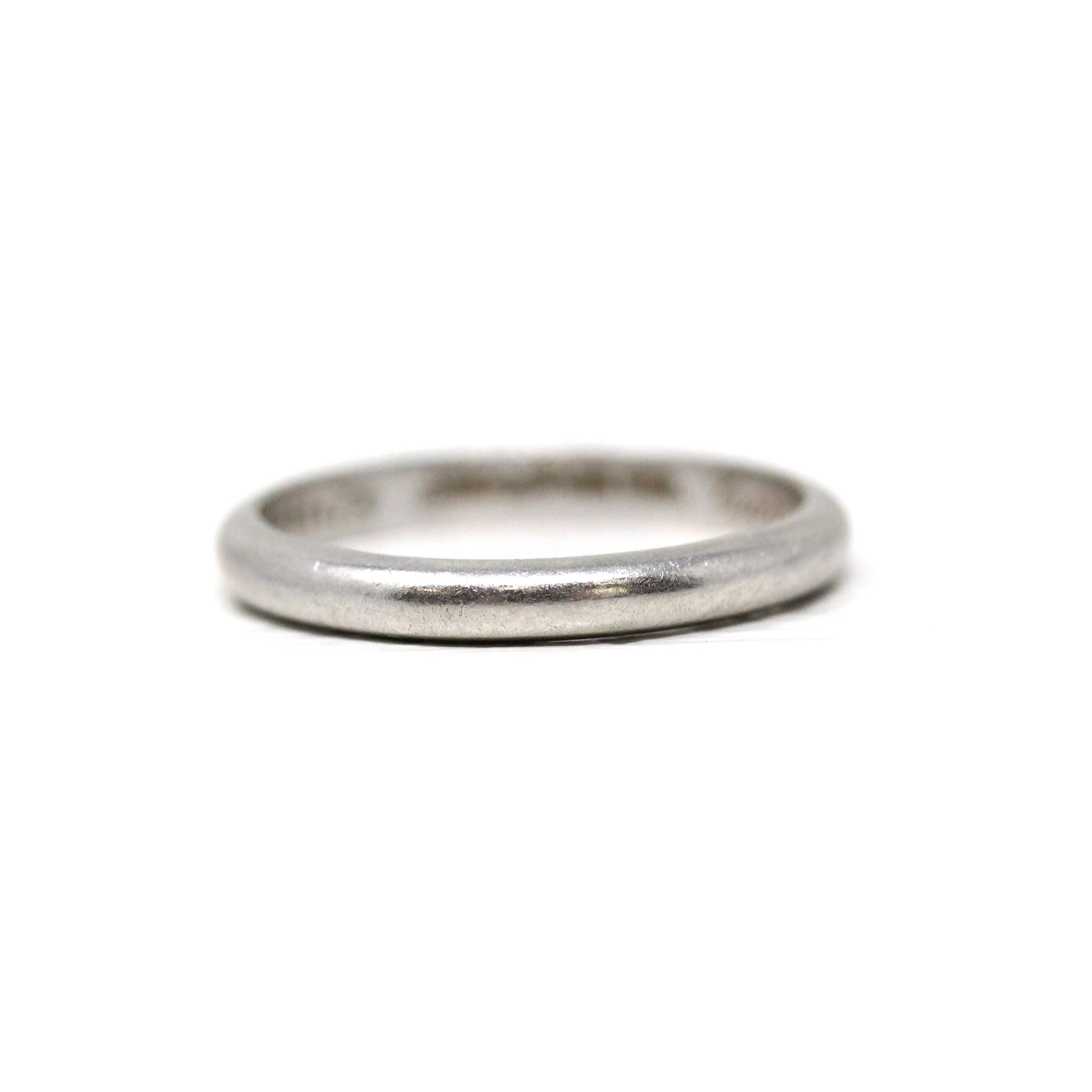 Vintage Wedding Band - Mid Century Era Platinum 2 MM Bridal Ring - Dated 1949 Size 5 Heirloom Fine Carl And Jackie Engraved Keepsake Jewelry