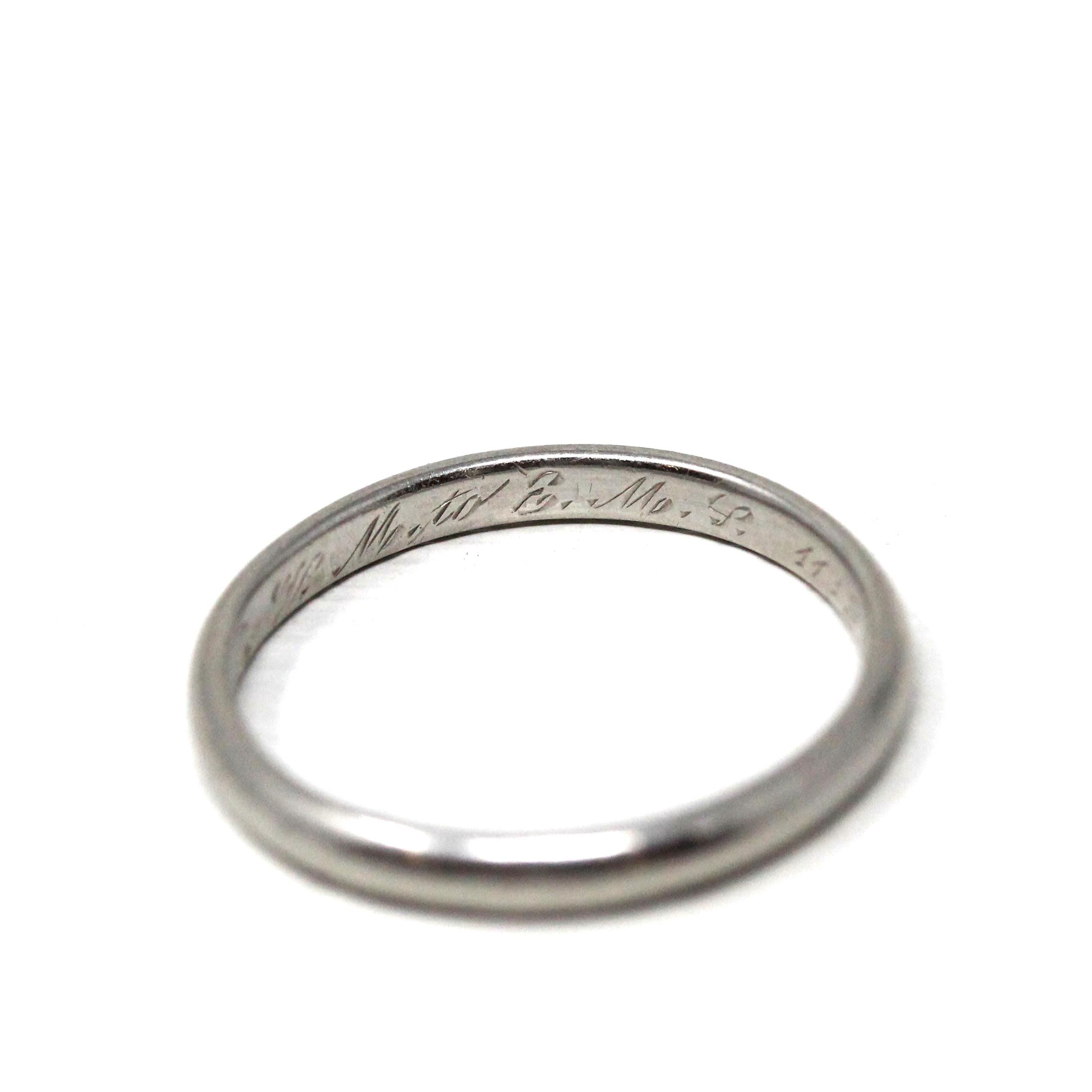 Art Deco Wedding Band - Antique Platinum Unadorned Bridal Ring - Engraved RWM to EML 11-25-25 Size 5 Polished Heirloom Fine Stacking Jewelry