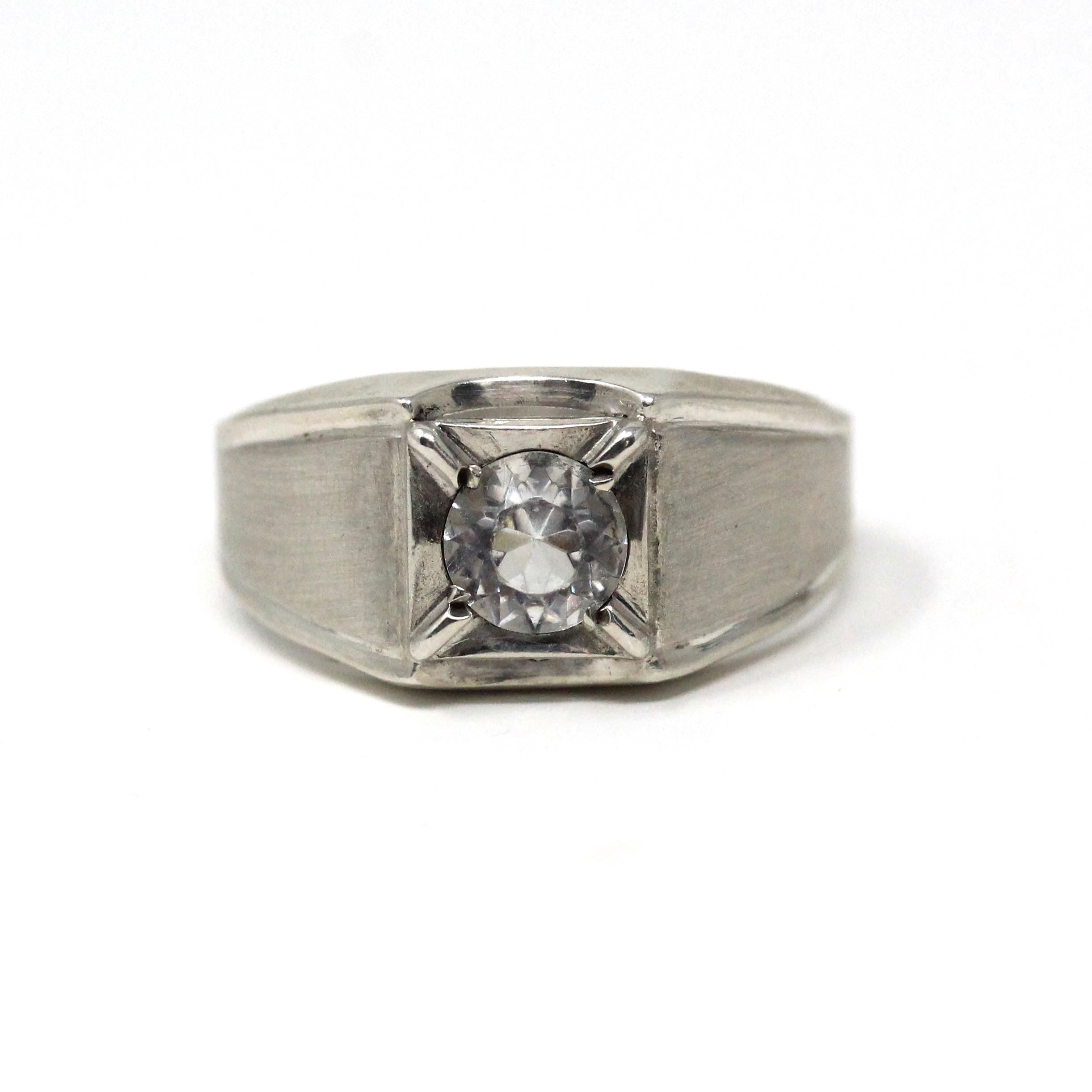 Mid Century Ring - Vintage Sterling Silver Simulated Diamond White Glass Gemstone - Circa 1950s Era Size 11 Men's Unisex Statement Jewelry
