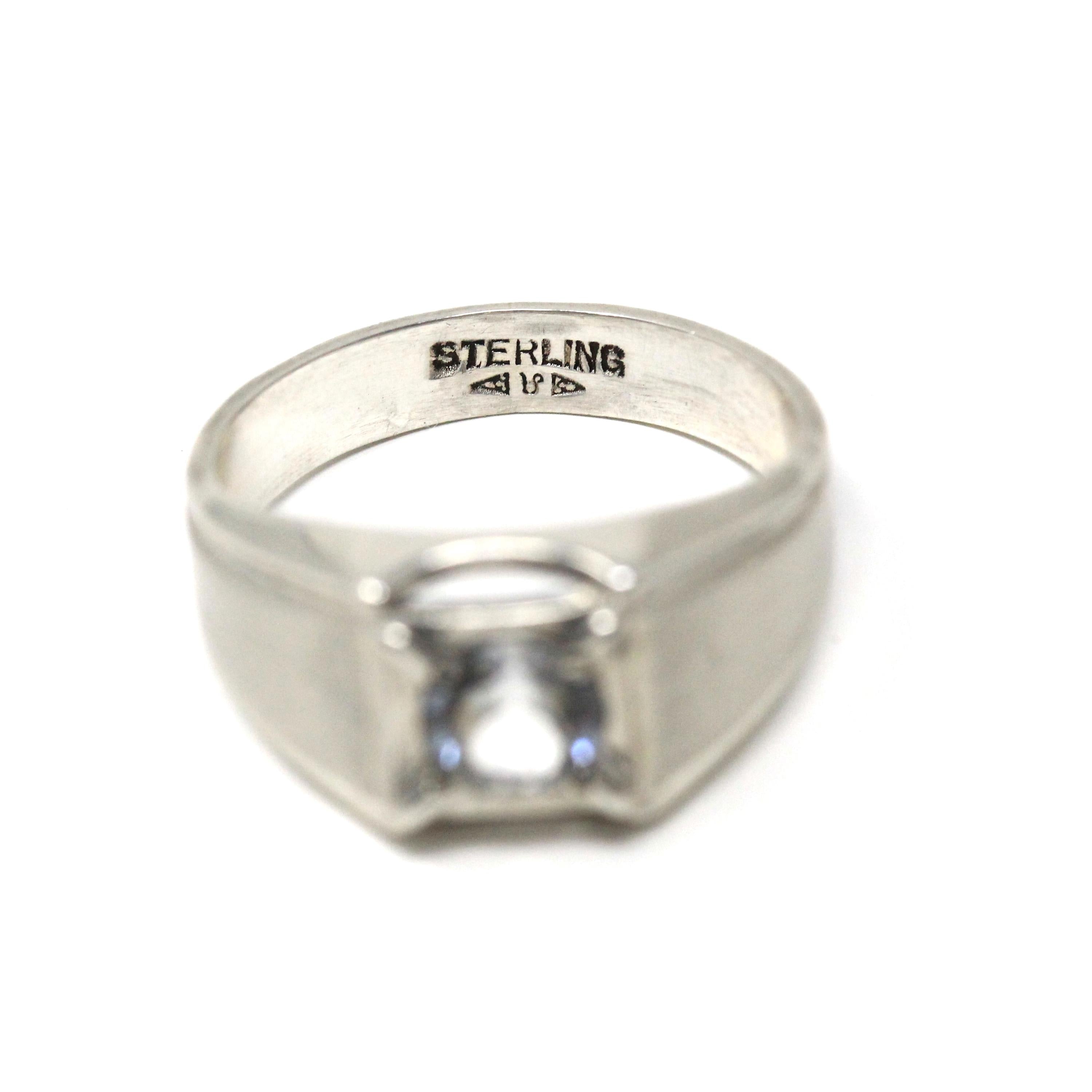 Mid Century Ring - Vintage Sterling Silver Simulated Diamond White Glass Gemstone - Circa 1950s Era Size 11 Men's Unisex Statement Jewelry