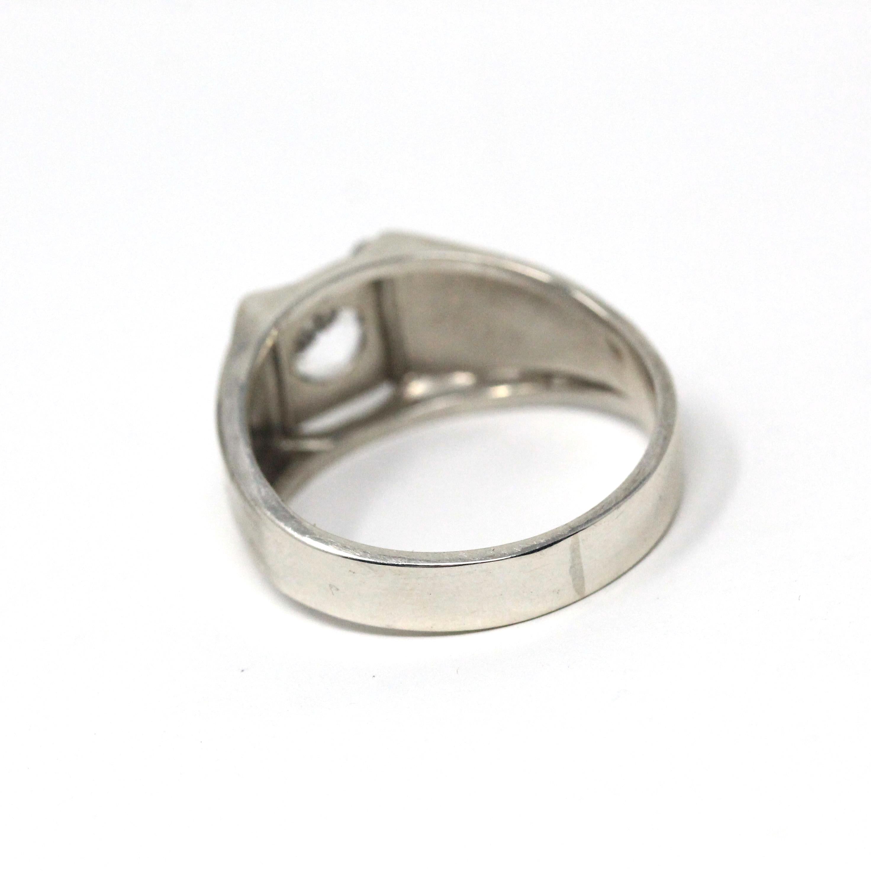 Mid Century Ring - Vintage Sterling Silver Simulated Diamond White Glass Gemstone - Circa 1950s Era Size 11 Men's Unisex Statement Jewelry