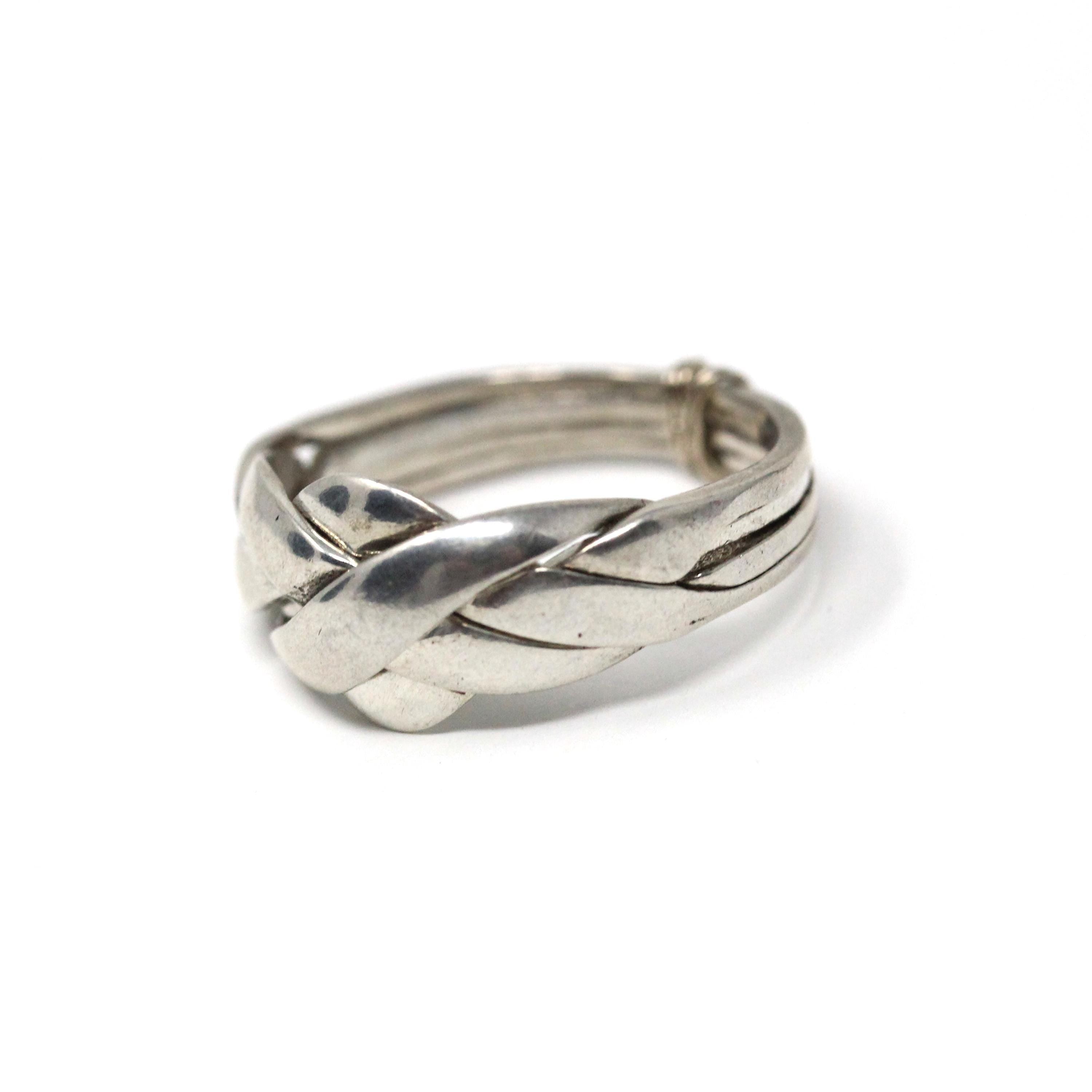 Modern Puzzle Ring - Estate Sterling Silver Four Interlocking Statement Band - Circa 2000's Size 7 Infinity Woven Knot Interactive Jewelry
