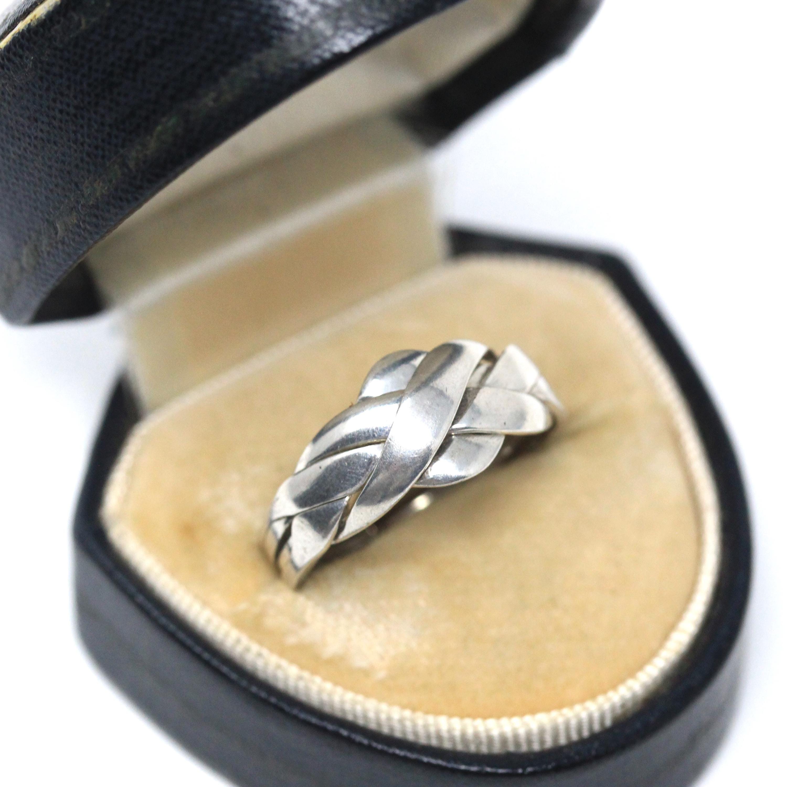 Modern Puzzle Ring - Estate Sterling Silver Four Interlocking Statement Band - Circa 2000's Size 7 Infinity Woven Knot Interactive Jewelry