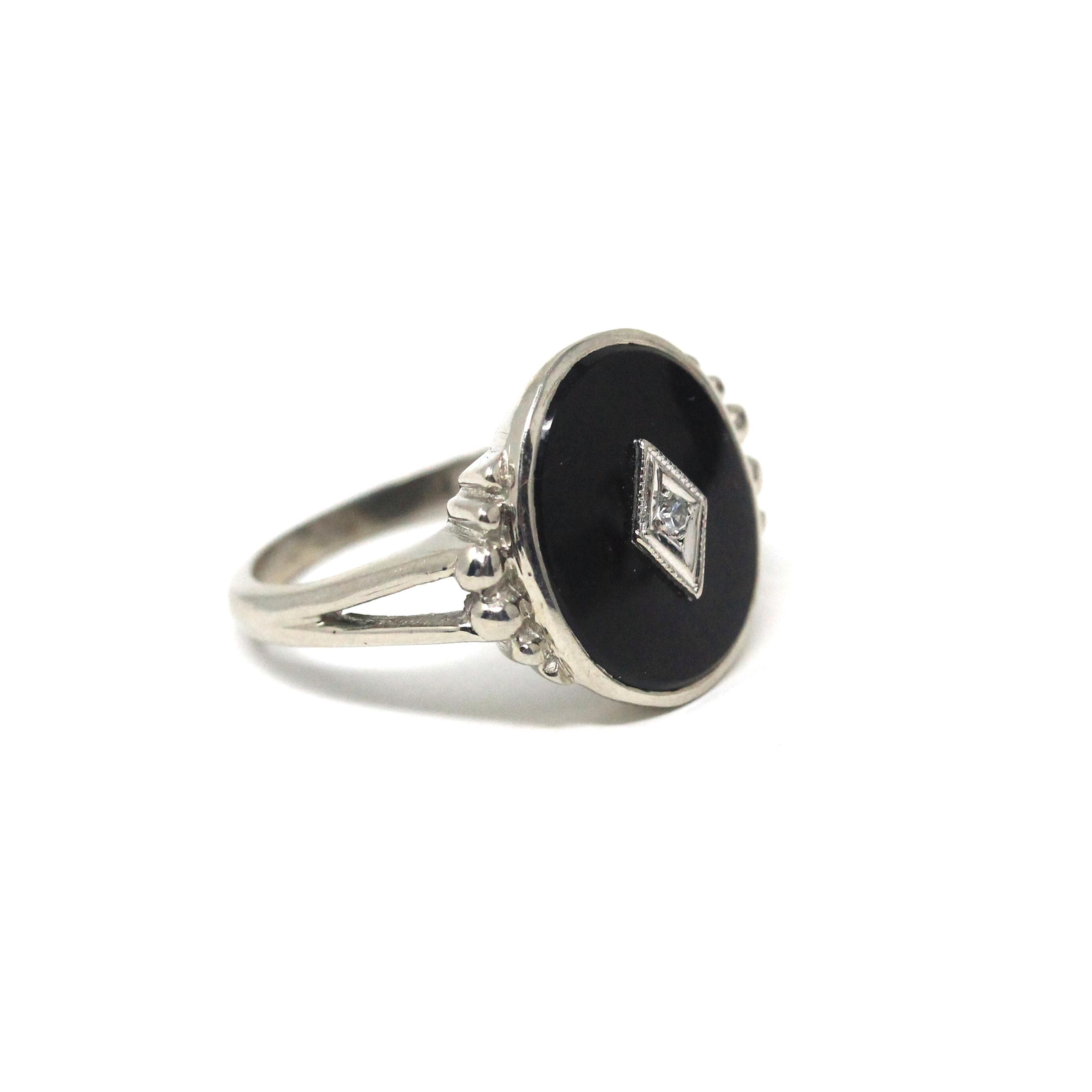 Vintage Onyx Ring - Mid Century 10k White Gold Oval Black Chalcedony Gemstone - Circa 1940s Era Size 6 Natural .01 CT Diamond Fine Jewelry