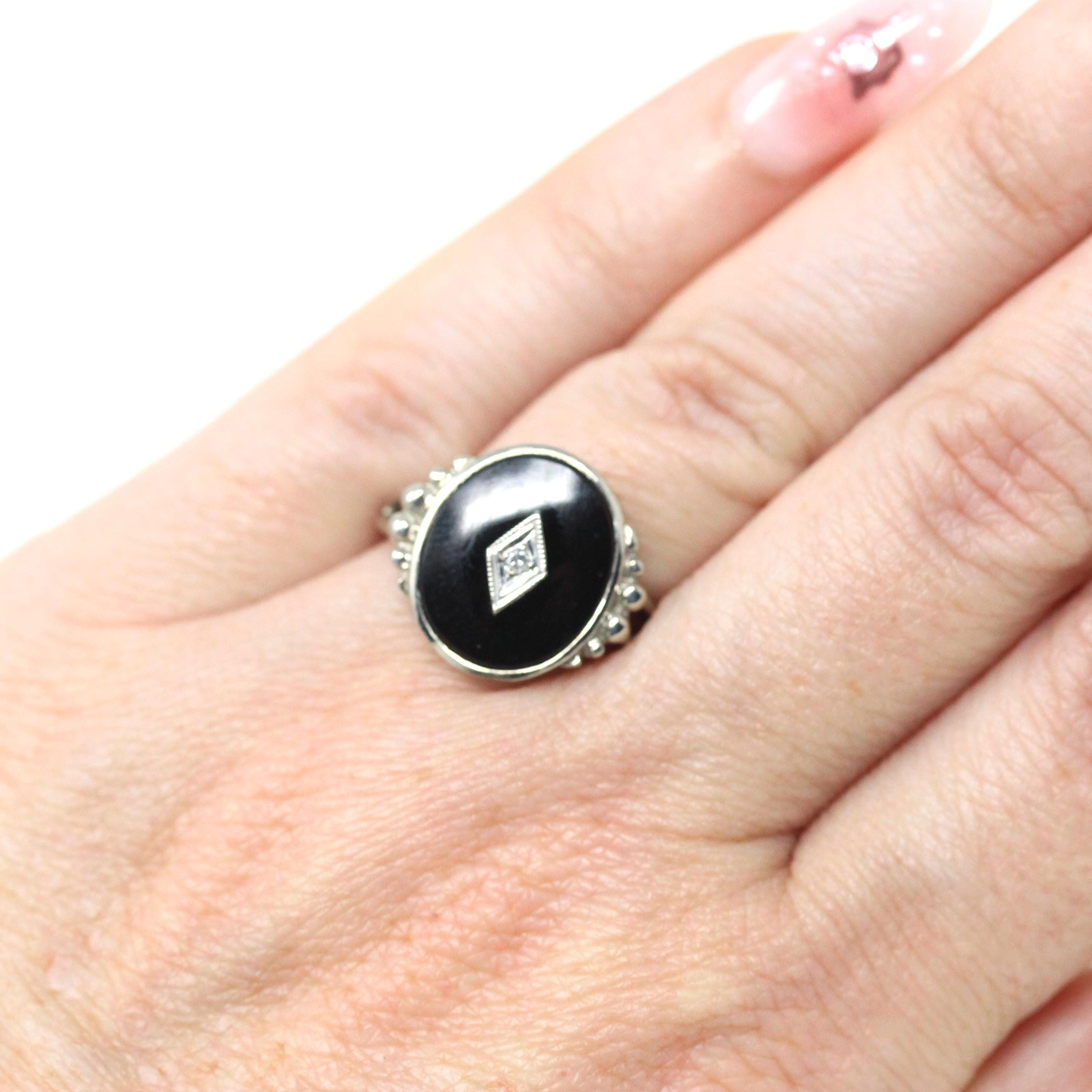 Vintage Onyx Ring - Mid Century 10k White Gold Oval Black Chalcedony Gemstone - Circa 1940s Era Size 6 Natural .01 CT Diamond Fine Jewelry