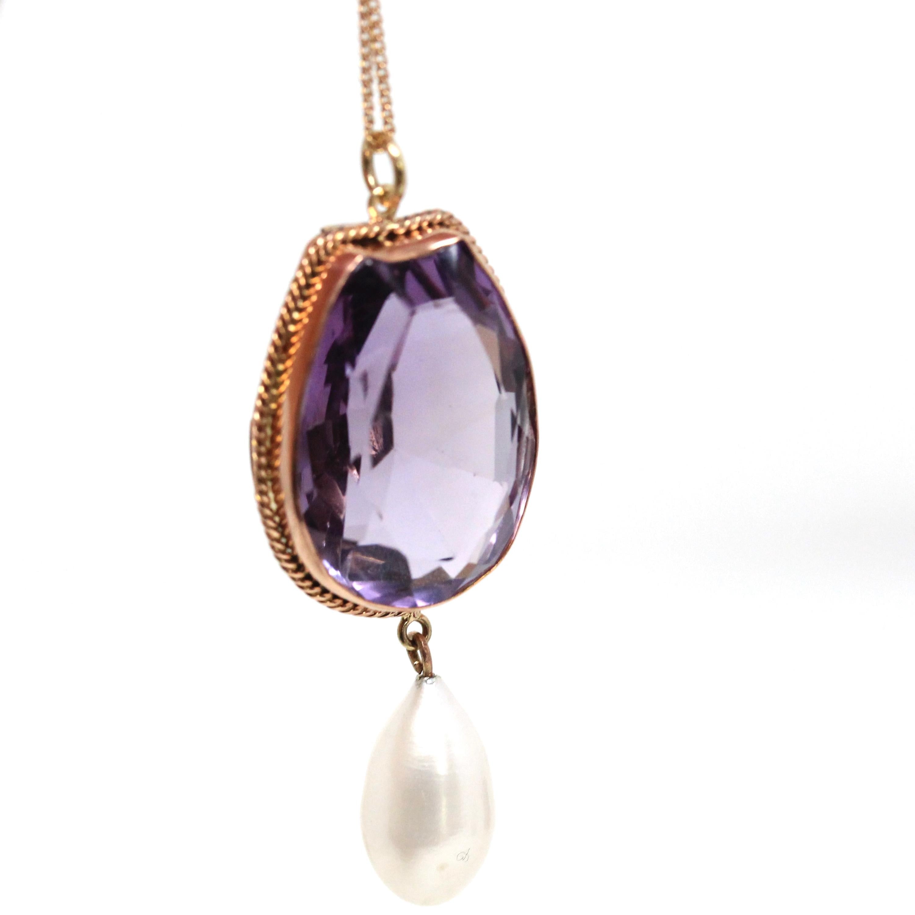 Amethyst & Pearl Necklace - Edwardian Era 9k Rose Yellow Gold Brooch Conversion Pendant - Antique 1900s Fantasy Cut 18 CT Gems Fine Jewelry