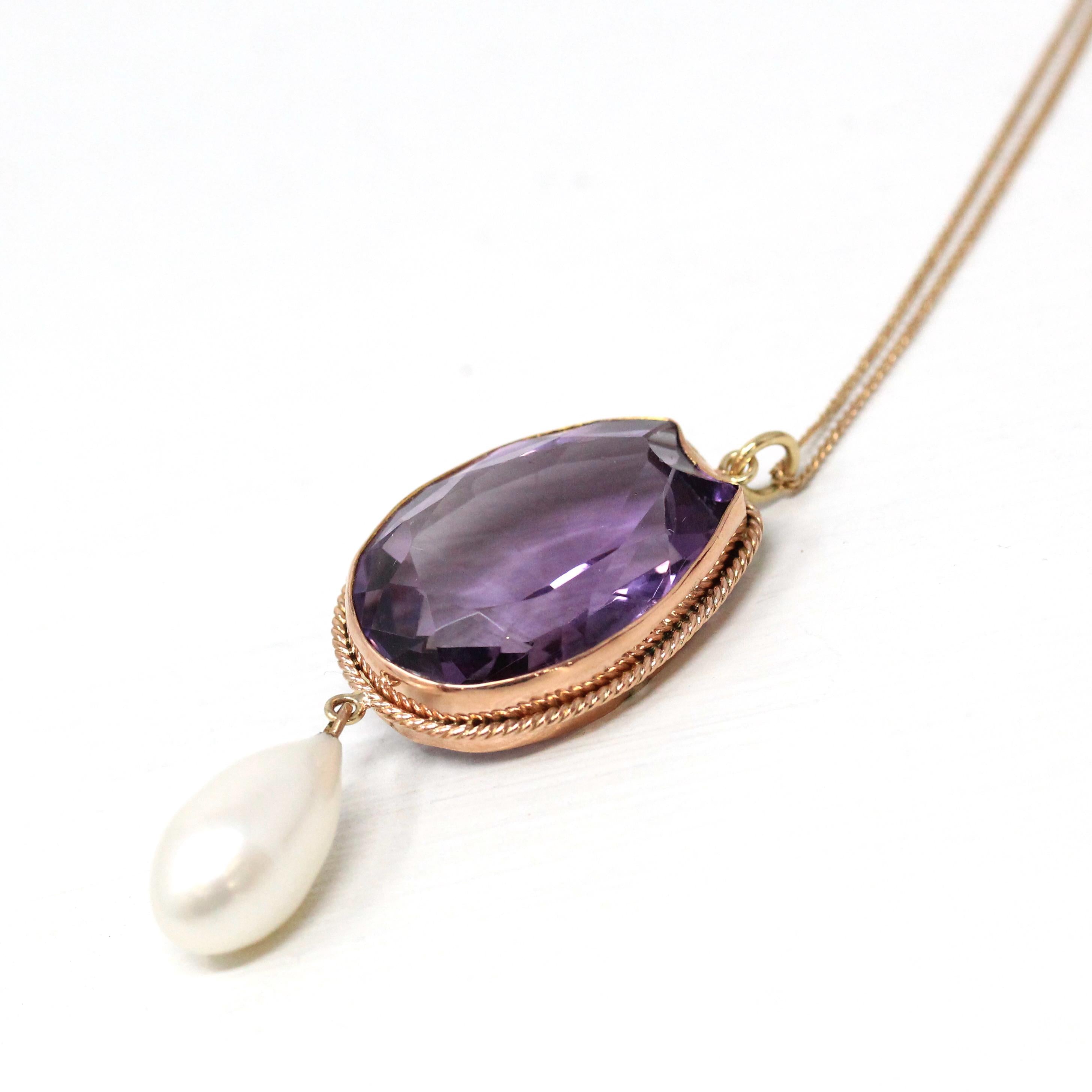 Amethyst & Pearl Necklace - Edwardian Era 9k Rose Yellow Gold Brooch Conversion Pendant - Antique 1900s Fantasy Cut 18 CT Gems Fine Jewelry