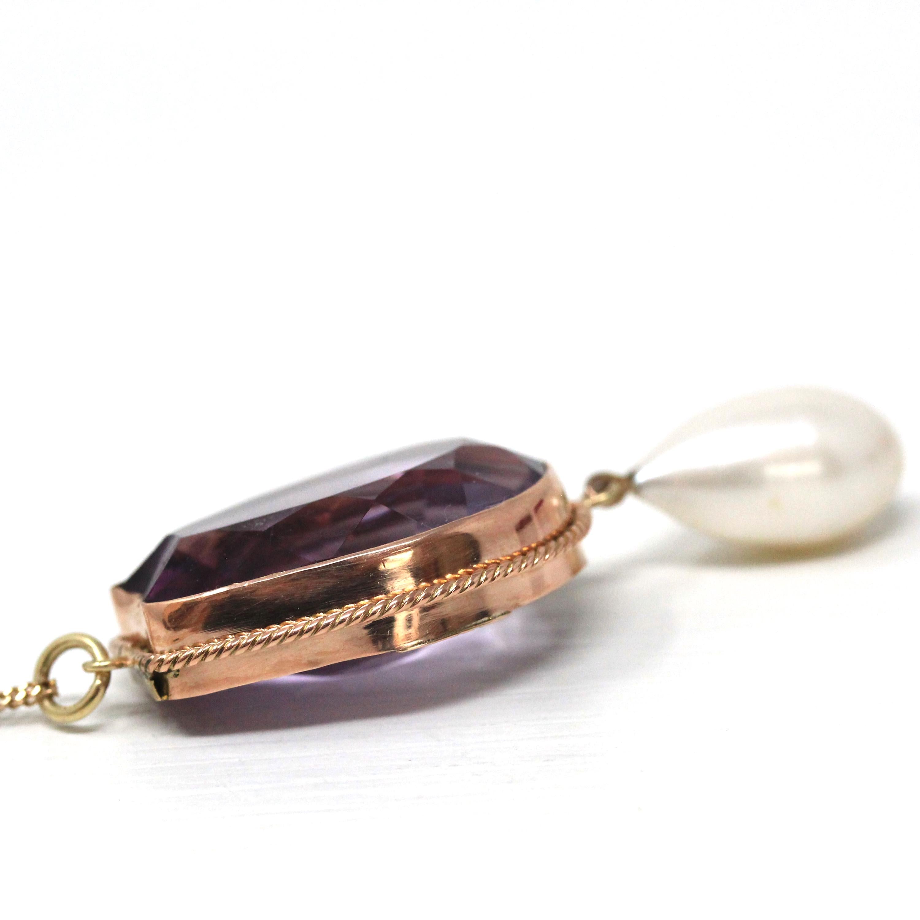Amethyst & Pearl Necklace - Edwardian Era 9k Rose Yellow Gold Brooch Conversion Pendant - Antique 1900s Fantasy Cut 18 CT Gems Fine Jewelry