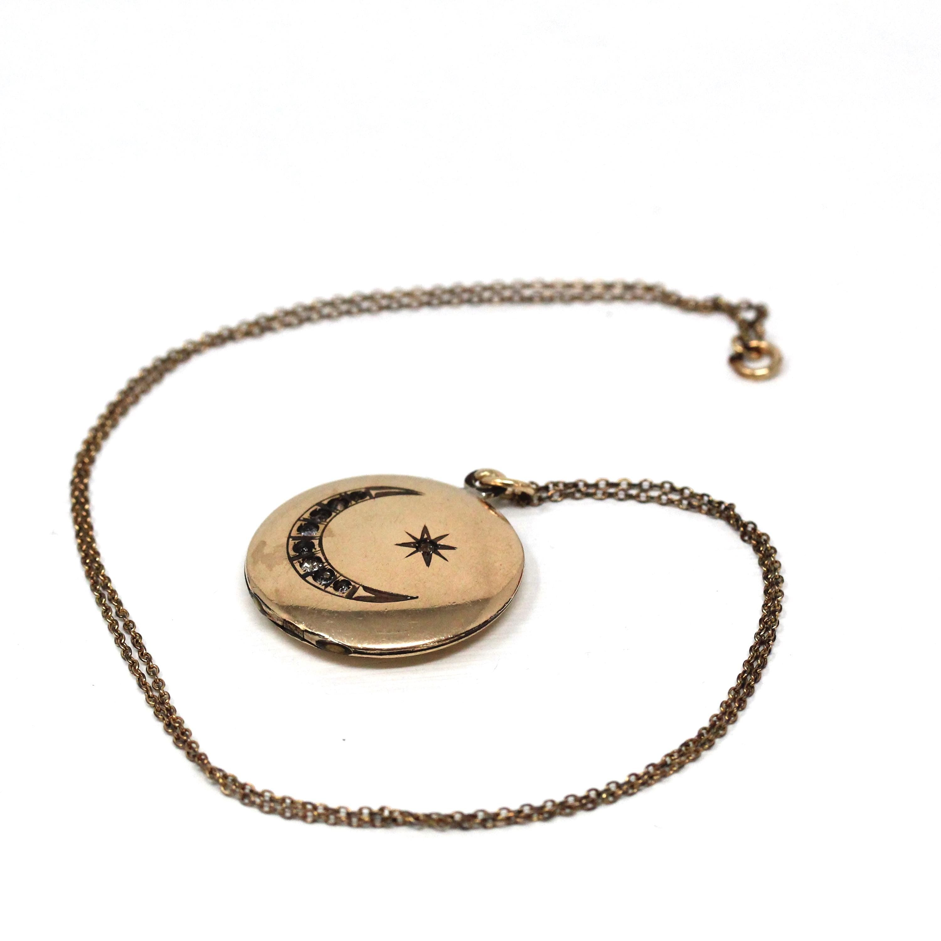 Star & Moon Locket - Antique Gold Filled Rhinestones Paste Pendant Necklace Charm - Edwardian 1900s Era Celestial Crescent Photo Jewelry