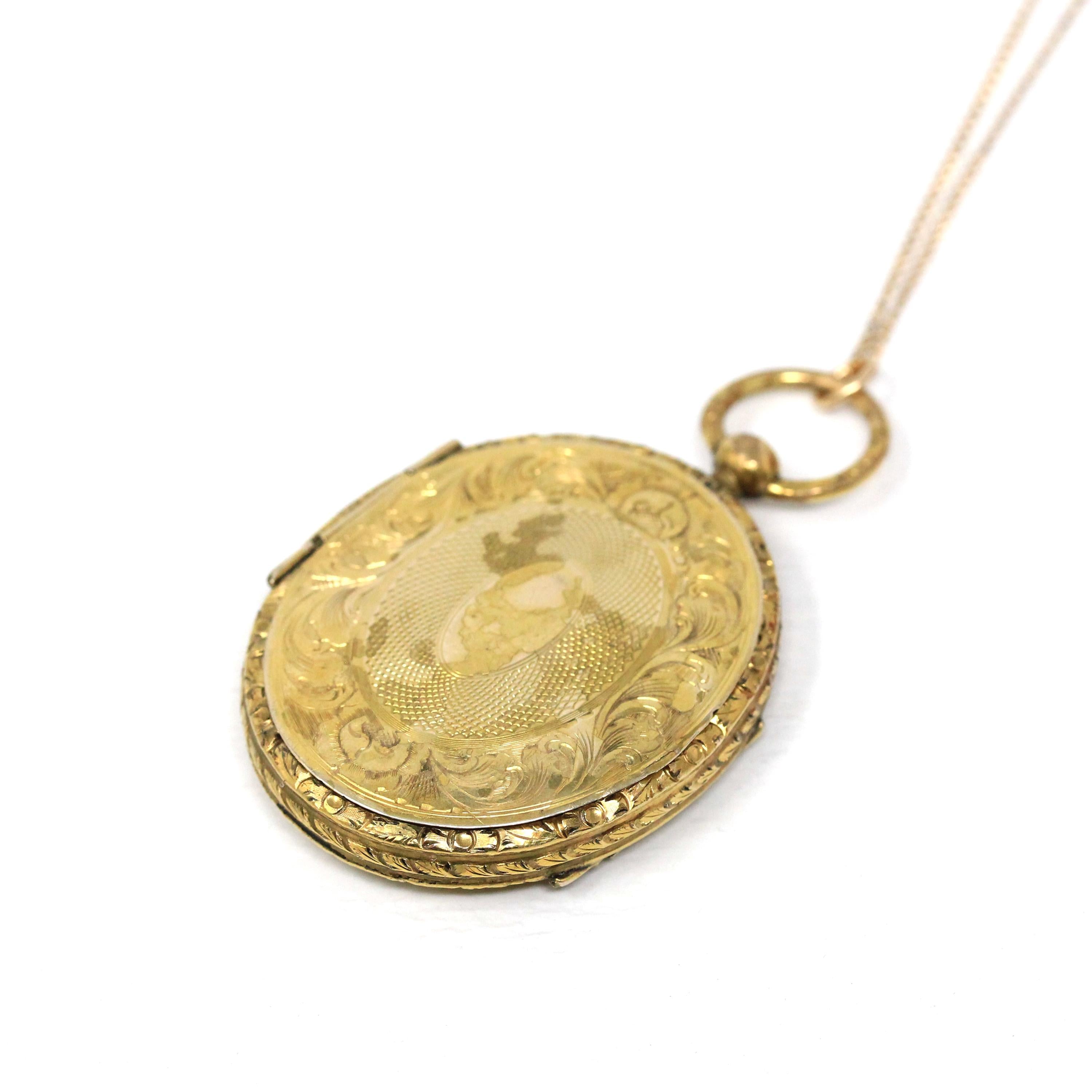 Antique Fob Locket - Victorian Gold Filled Engraved Designs Oval Pendant Necklace - Circa 1890s Era Keepsake Photograph Compartment Jewelry