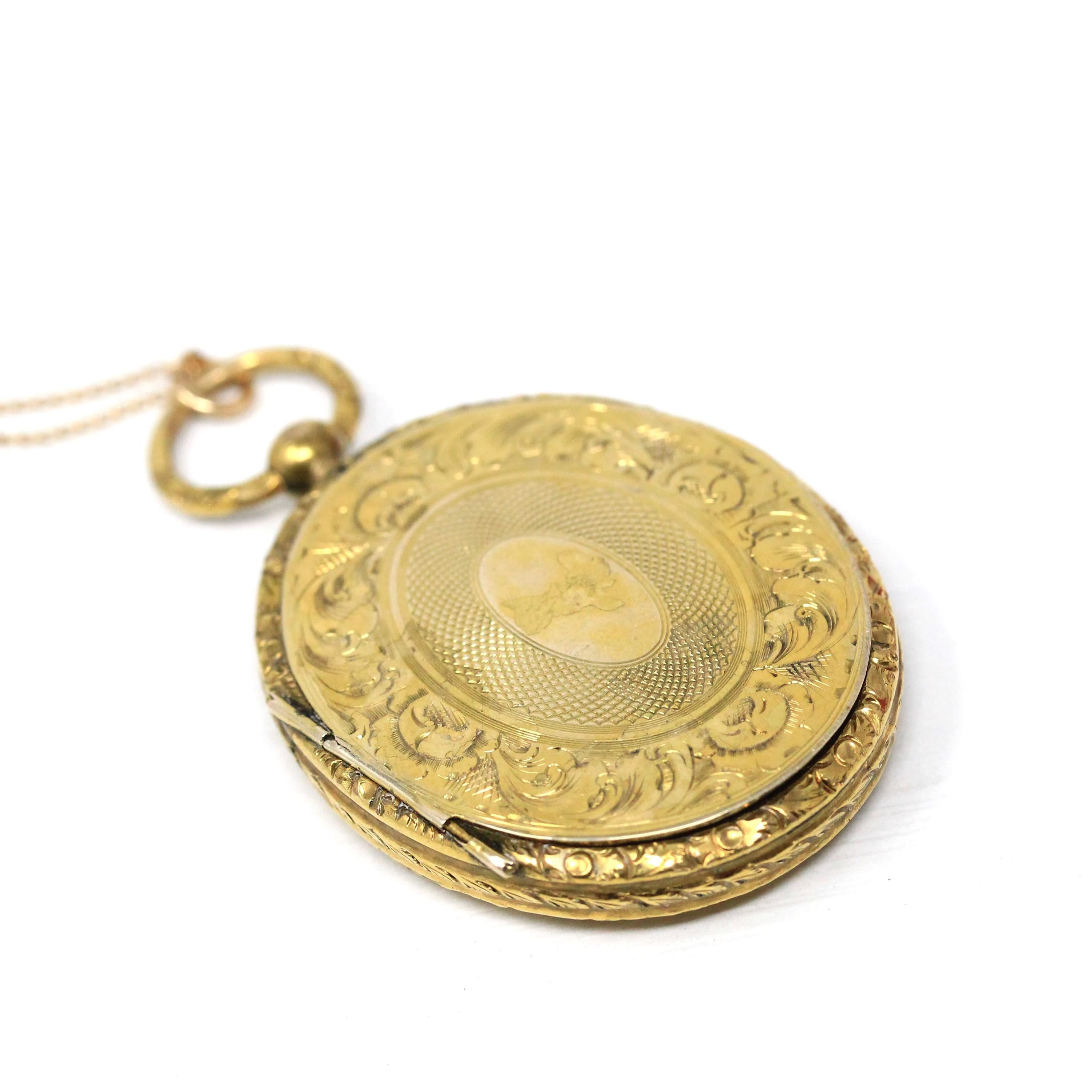 Antique Fob Locket - Victorian Gold Filled Engraved Designs Oval Pendant Necklace - Circa 1890s Era Keepsake Photograph Compartment Jewelry