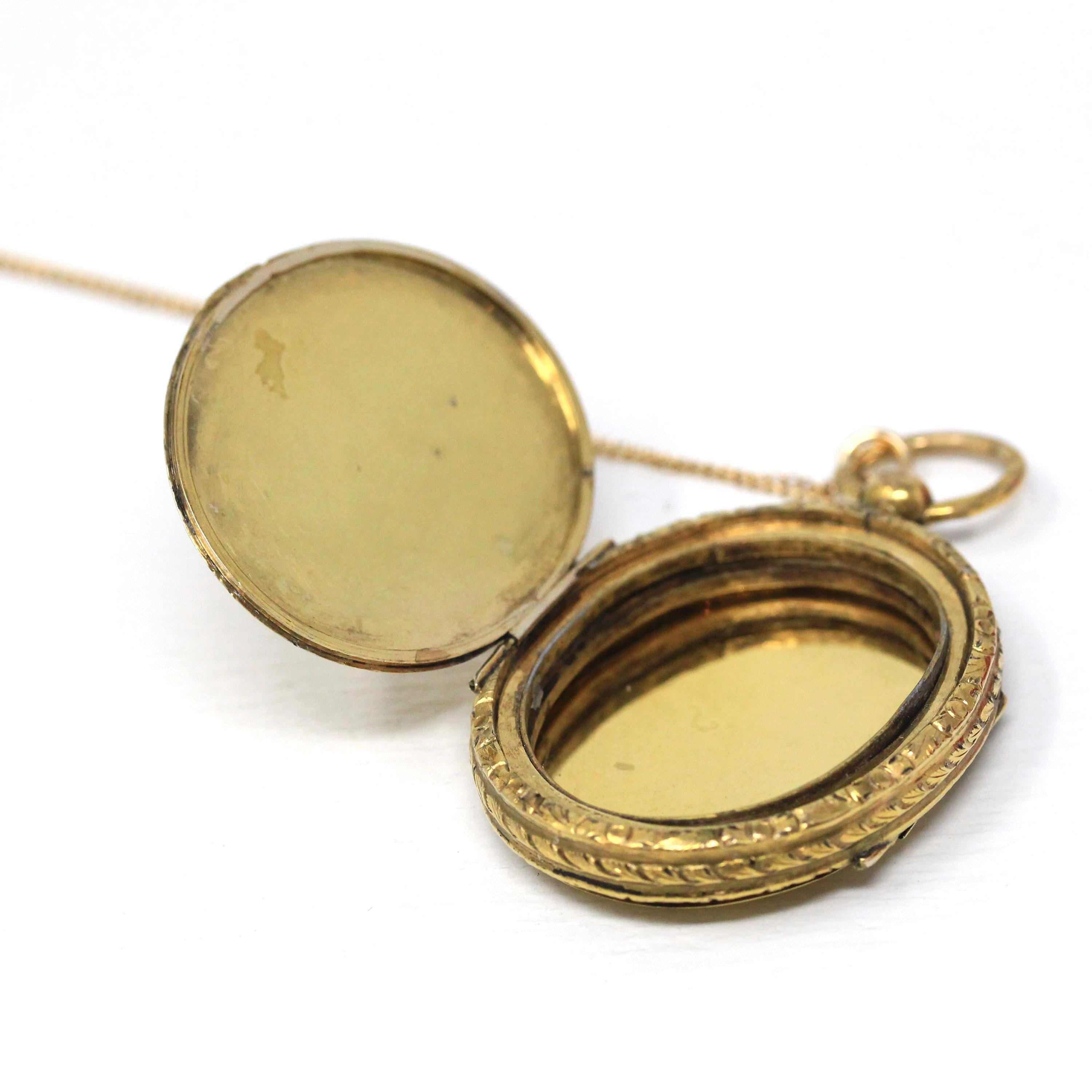 Antique Fob Locket - Victorian Gold Filled Engraved Designs Oval Pendant Necklace - Circa 1890s Era Keepsake Photograph Compartment Jewelry