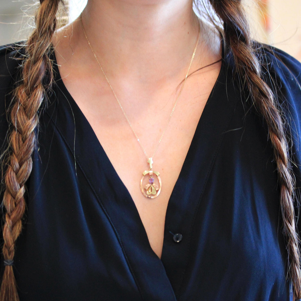 Vintage Amethyst Pendant - Mid Century 10k Yellow & Rose Gold Purple Gem Lavalier Necklace - Circa 1940s Fine February Birthstone Jewelry