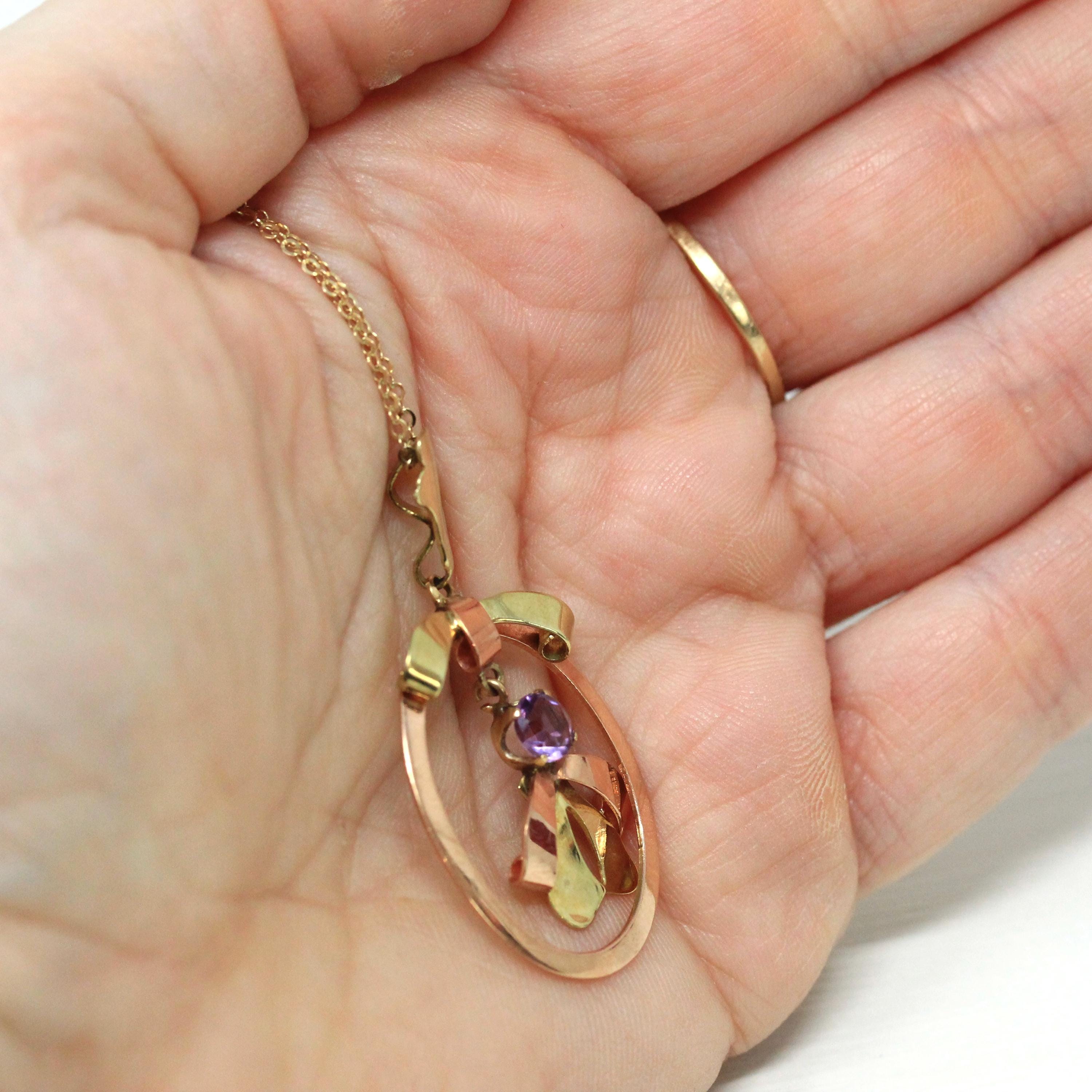 Vintage Amethyst Pendant - Mid Century 10k Yellow & Rose Gold Purple Gem Lavalier Necklace - Circa 1940s Fine February Birthstone Jewelry