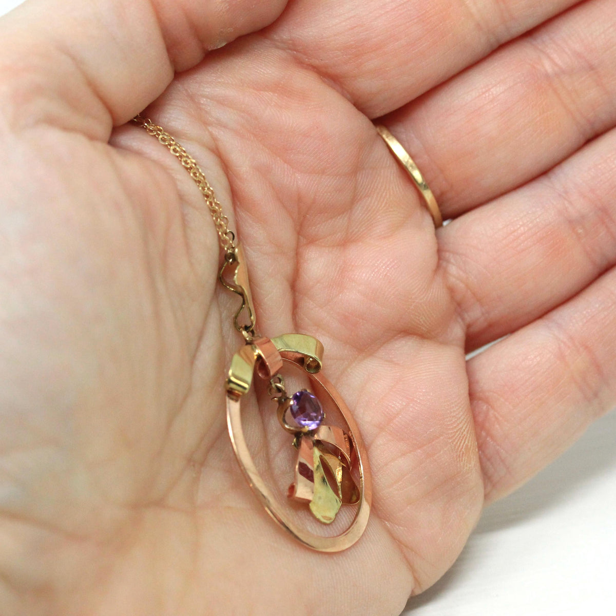 Vintage Amethyst Pendant - Mid Century 10k Yellow & Rose Gold Purple Gem Lavalier Necklace - Circa 1940s Fine February Birthstone Jewelry