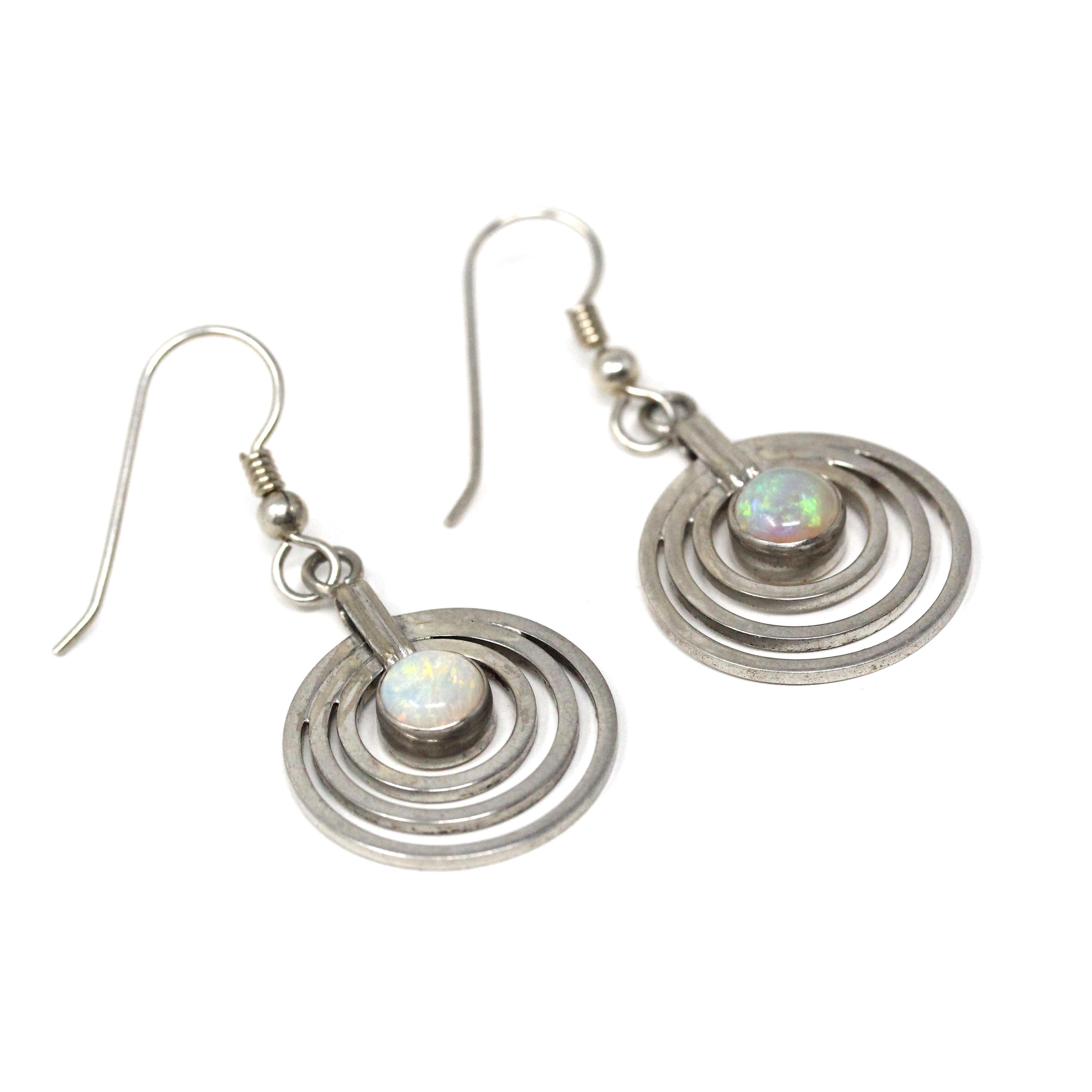 Modern Opal Earrings - Estate Sterling Silver Open Metal Design Dangling Earrings - Circa 2000s Era Shepherds Hook Y2k Fashion Accessory