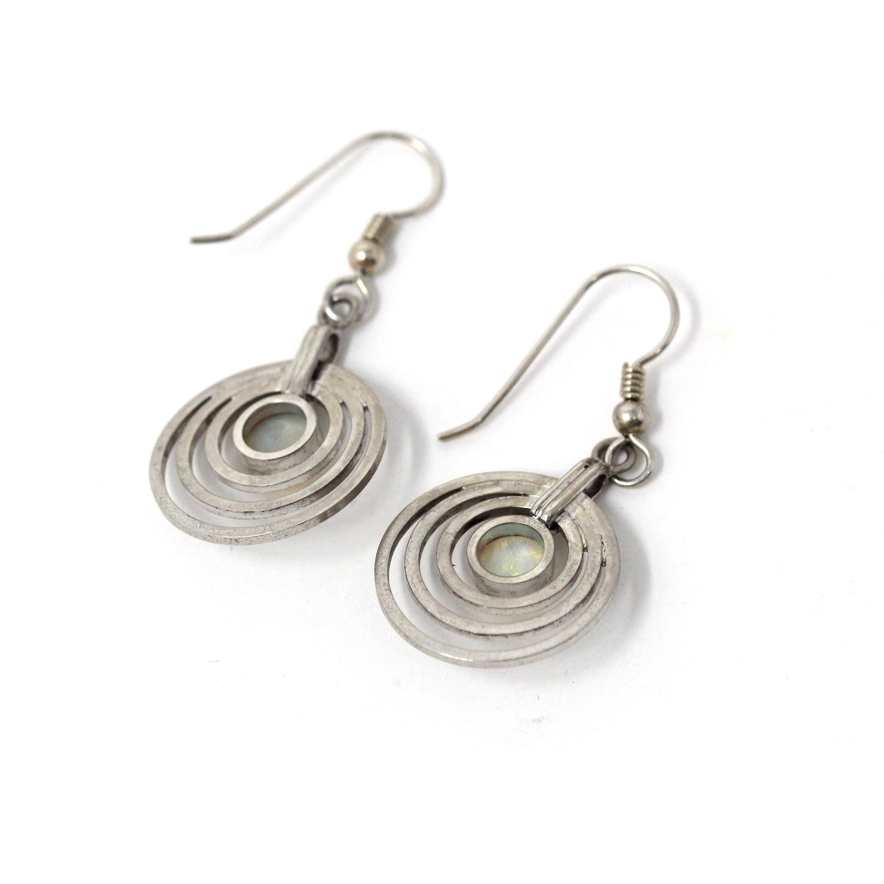 Modern Opal Earrings - Estate Sterling Silver Open Metal Design Dangling Earrings - Circa 2000s Era Shepherds Hook Y2k Fashion Accessory