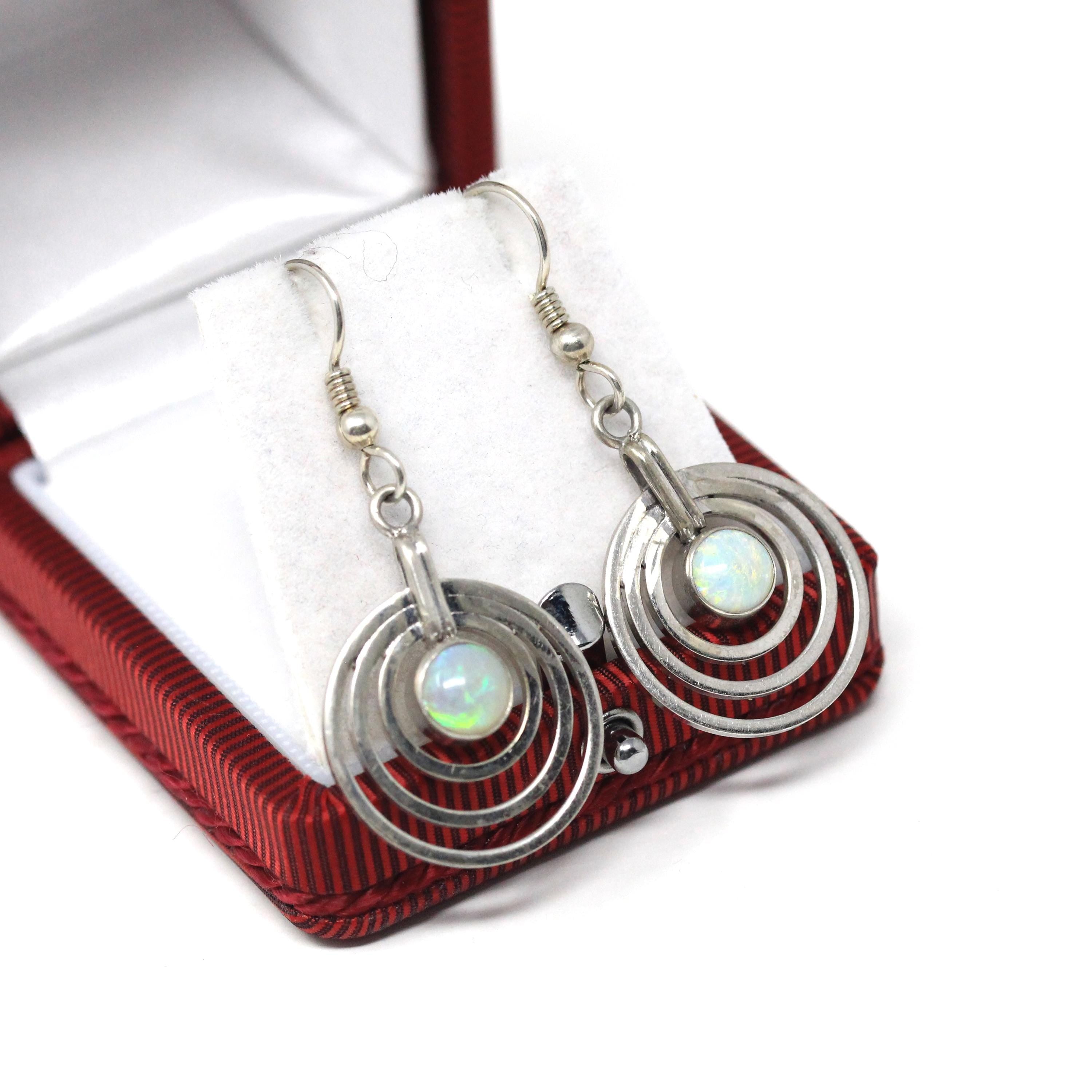 Modern Opal Earrings - Estate Sterling Silver Open Metal Design Dangling Earrings - Circa 2000s Era Shepherds Hook Y2k Fashion Accessory