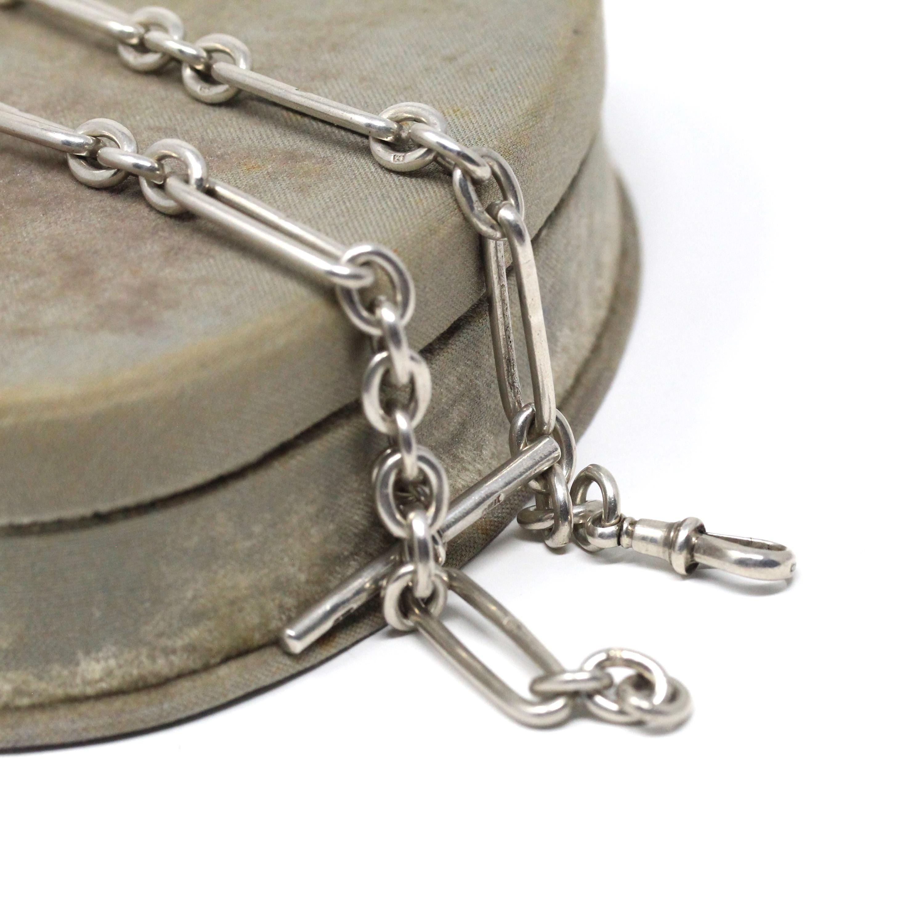 Pocket Watch Chain - Art Deco Era Sterling Silver English Hallmarked Elongated Links T Bar - Antique Vintage Dated 1927 Fine Unisex Jewelry