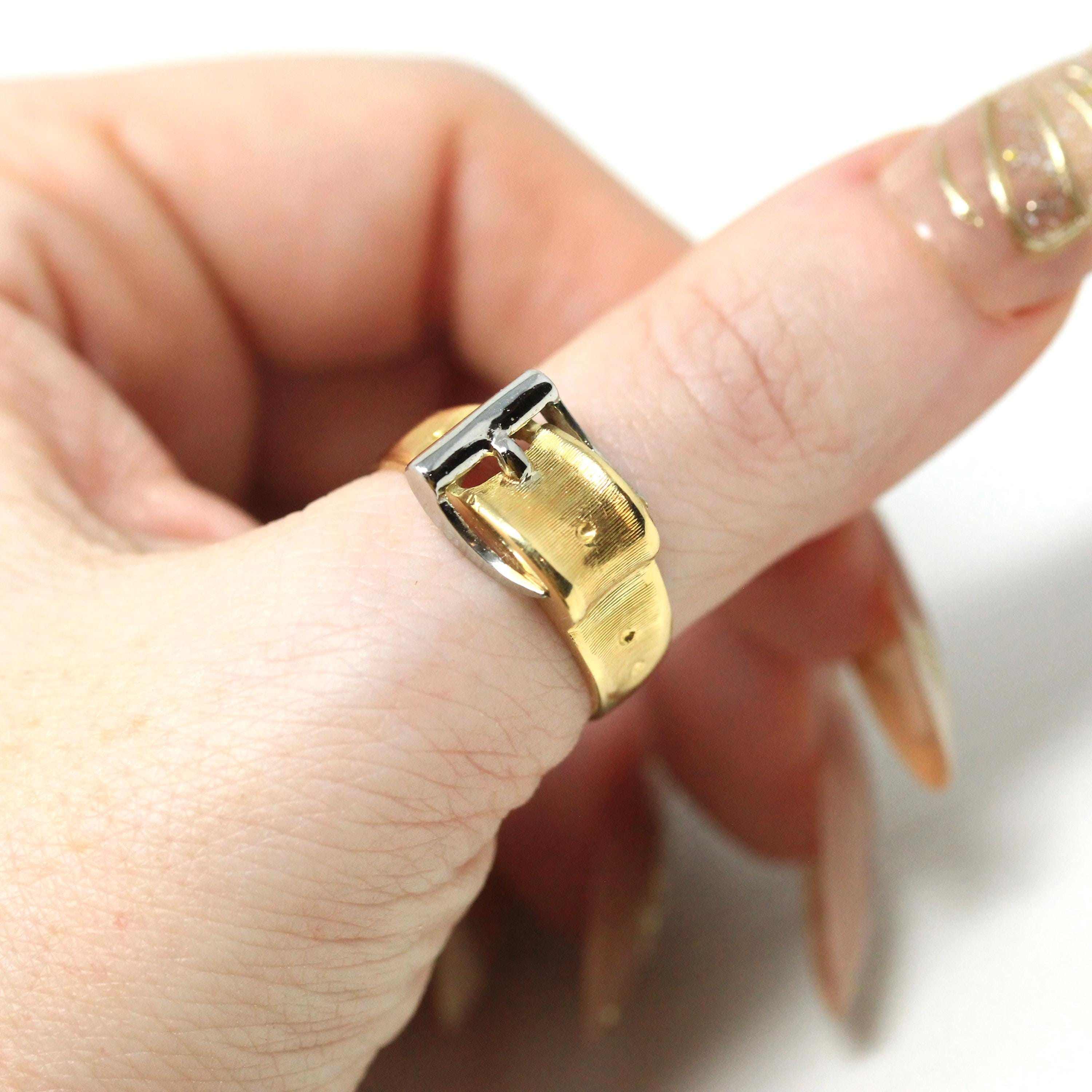 Belt Buckle Ring - Mid Century 18k Yellow & White Gold Two Tone Statement Band - Vintage Circa 1950s Era Size 7 1/2 Fine Symbolism Jewelry
