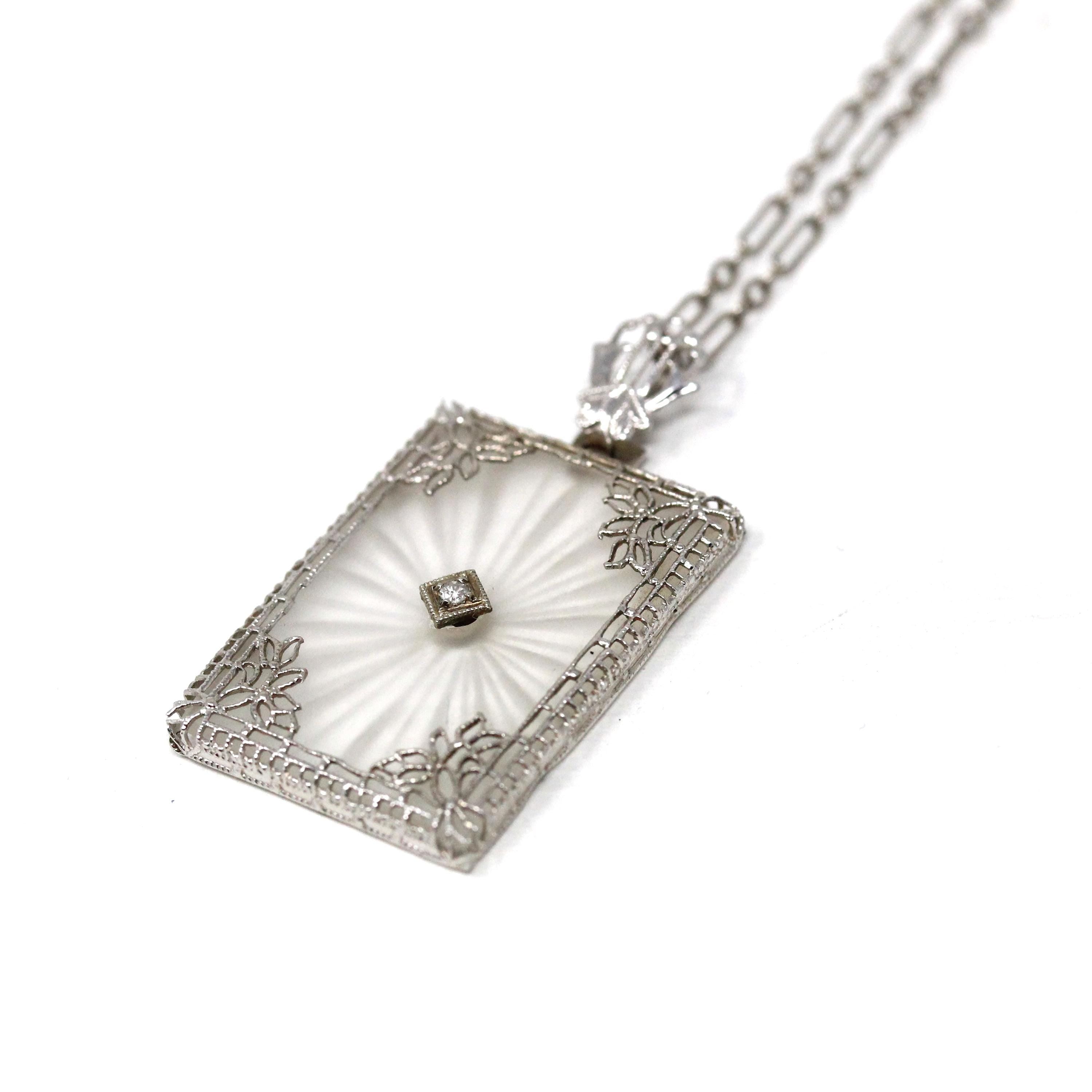 Rock Crystal Quartz Necklace - Art Deco 14k White Gold Natural Diamond Pendant - Antique Circa 1920s Era Statement Filigree Fine 20s Jewelry