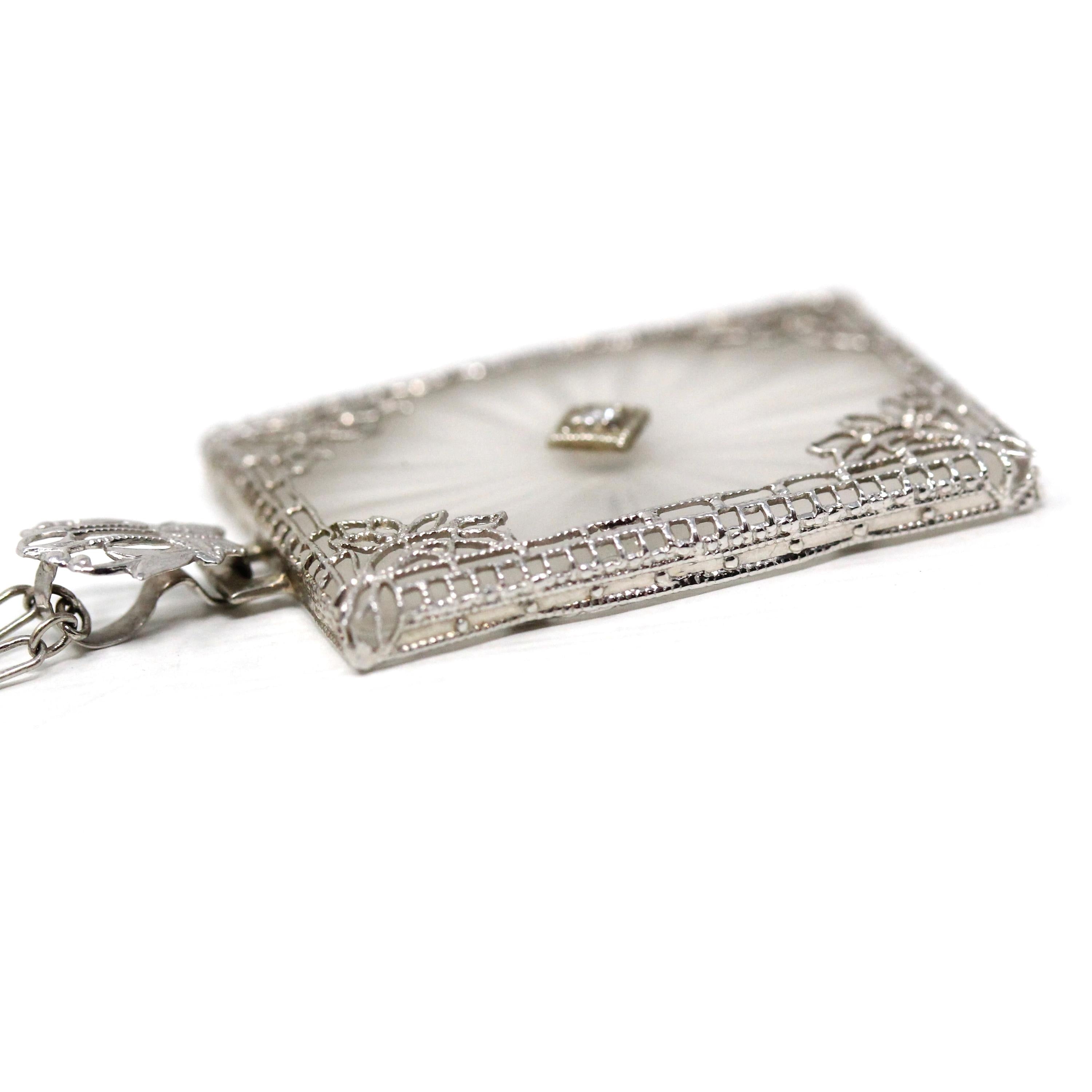 Rock Crystal Quartz Necklace - Art Deco 14k White Gold Natural Diamond Pendant - Antique Circa 1920s Era Statement Filigree Fine 20s Jewelry