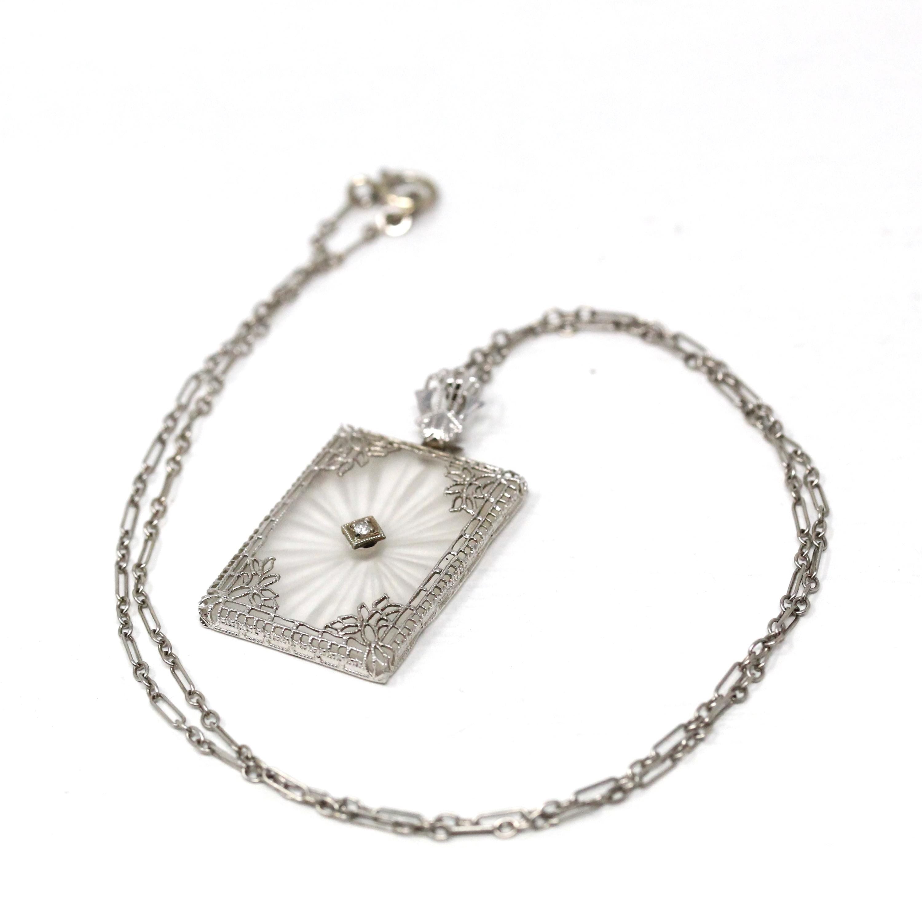 Rock Crystal Quartz Necklace - Art Deco 14k White Gold Natural Diamond Pendant - Antique Circa 1920s Era Statement Filigree Fine 20s Jewelry