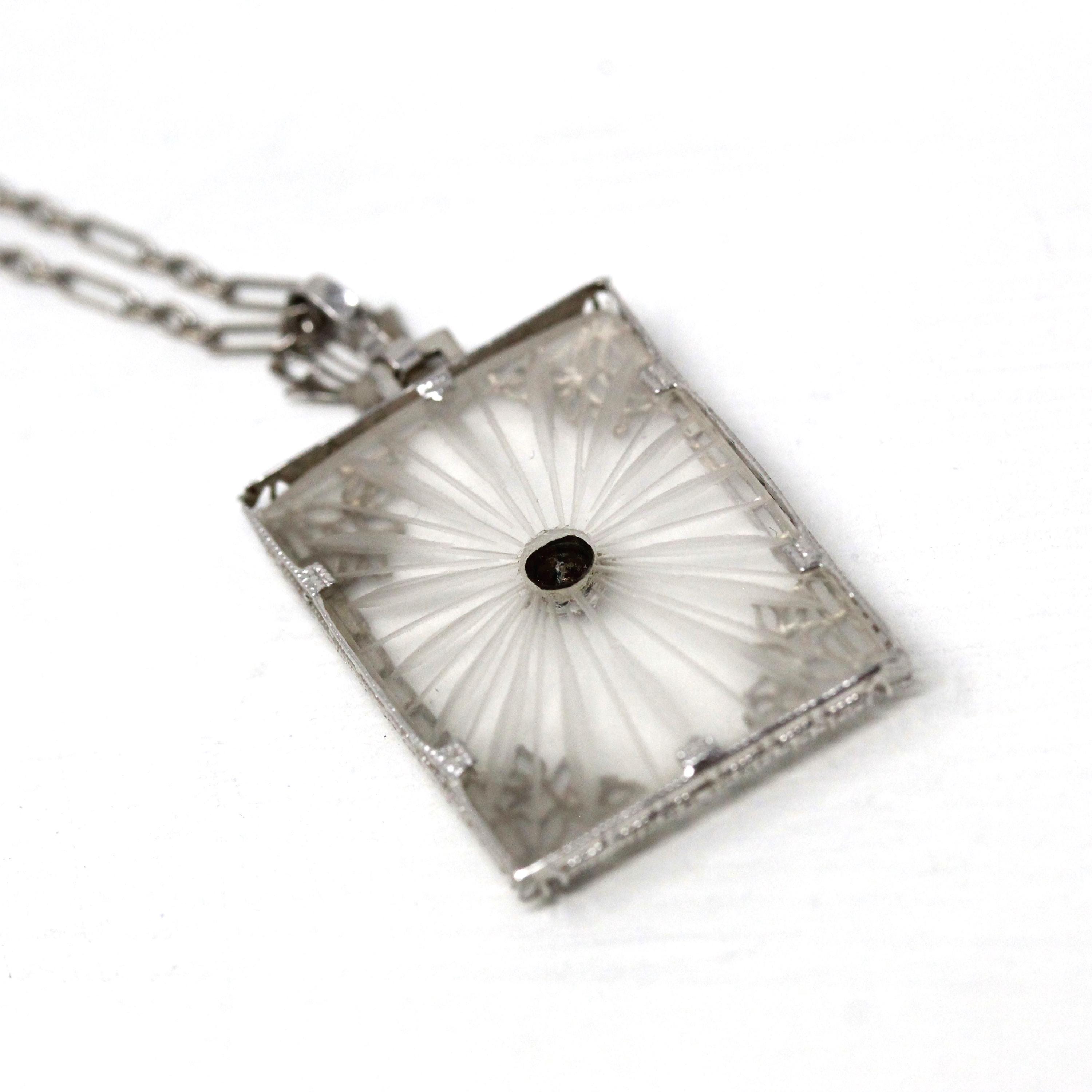 Rock Crystal Quartz Necklace - Art Deco 14k White Gold Natural Diamond Pendant - Antique Circa 1920s Era Statement Filigree Fine 20s Jewelry