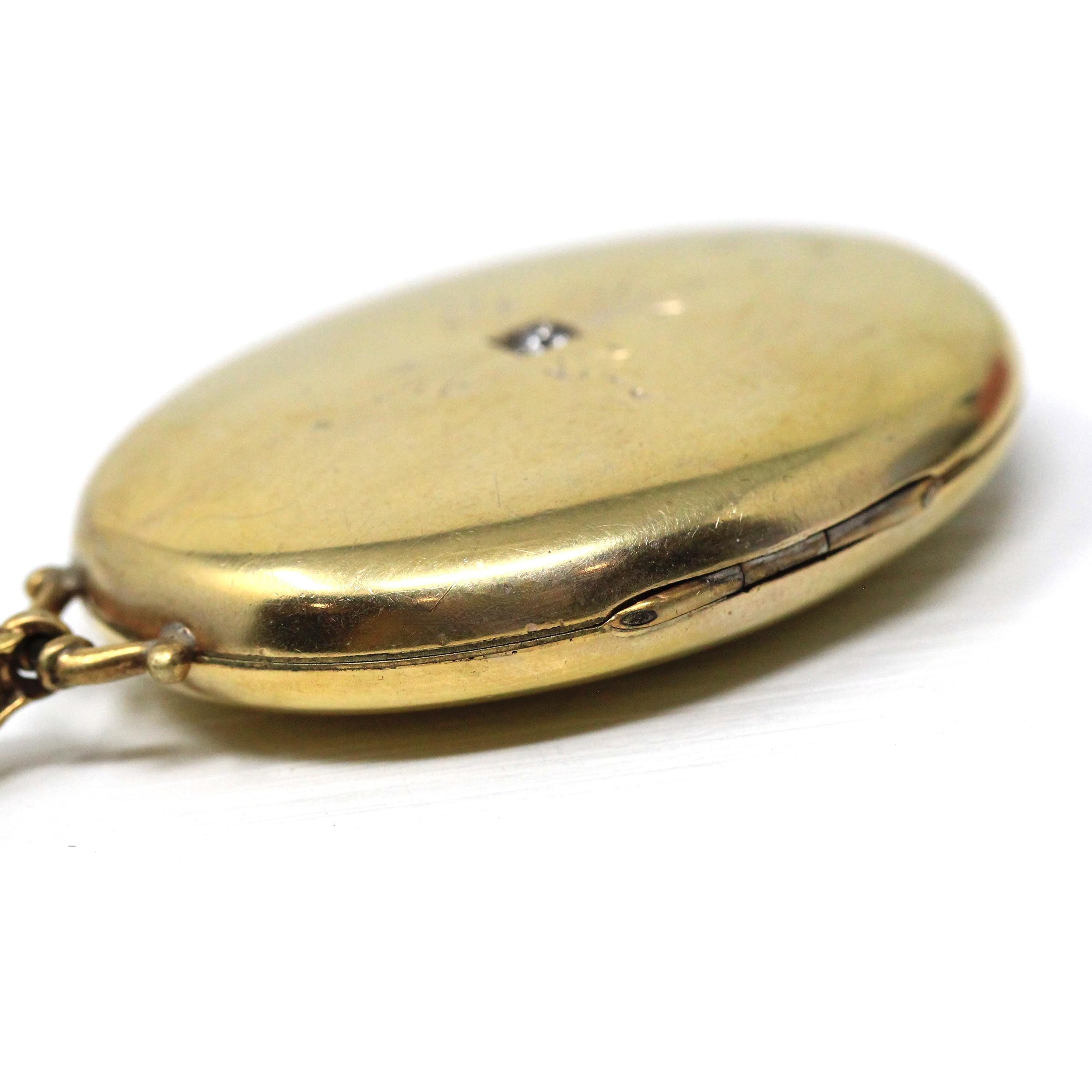 Antique Diamond Locket - Victorian Gold Filled Large Oval Photograph Pendant Necklace - Circa 1890s Era Old Mine Cut .07 CT Accent Jewelry