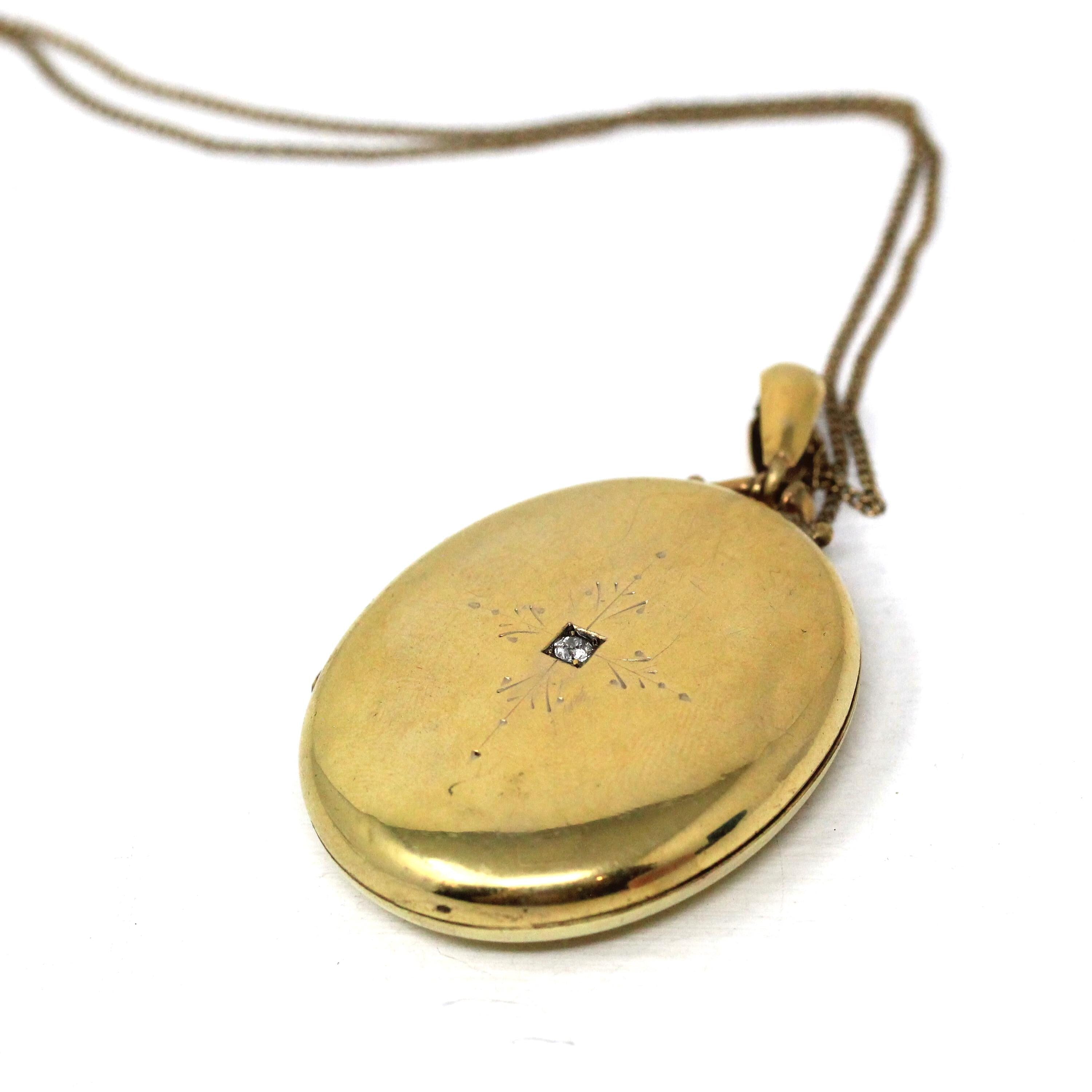 Antique Diamond Locket - Victorian Gold Filled Large Oval Photograph Pendant Necklace - Circa 1890s Era Old Mine Cut .07 CT Accent Jewelry