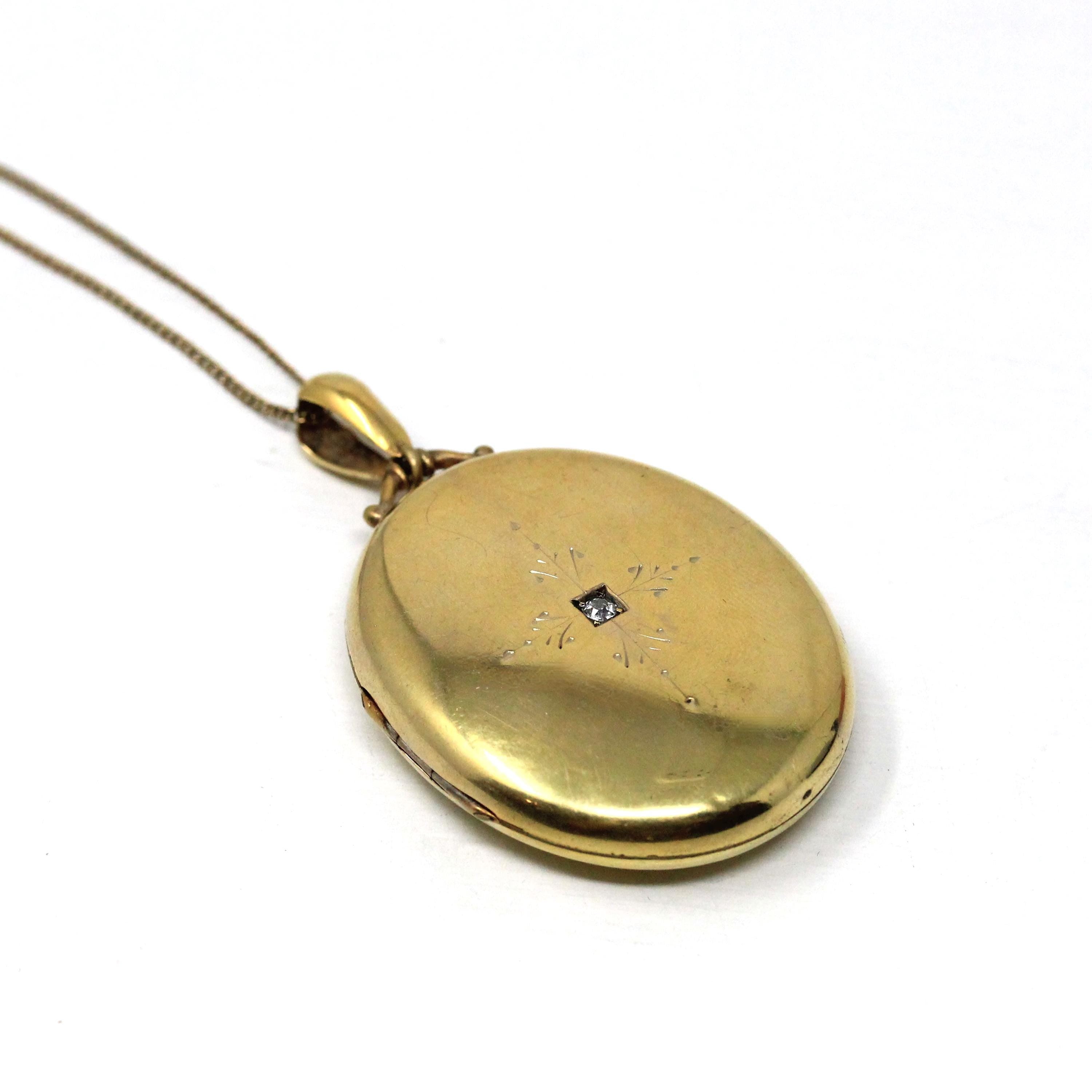 Antique Diamond Locket - Victorian Gold Filled Large Oval Photograph Pendant Necklace - Circa 1890s Era Old Mine Cut .07 CT Accent Jewelry