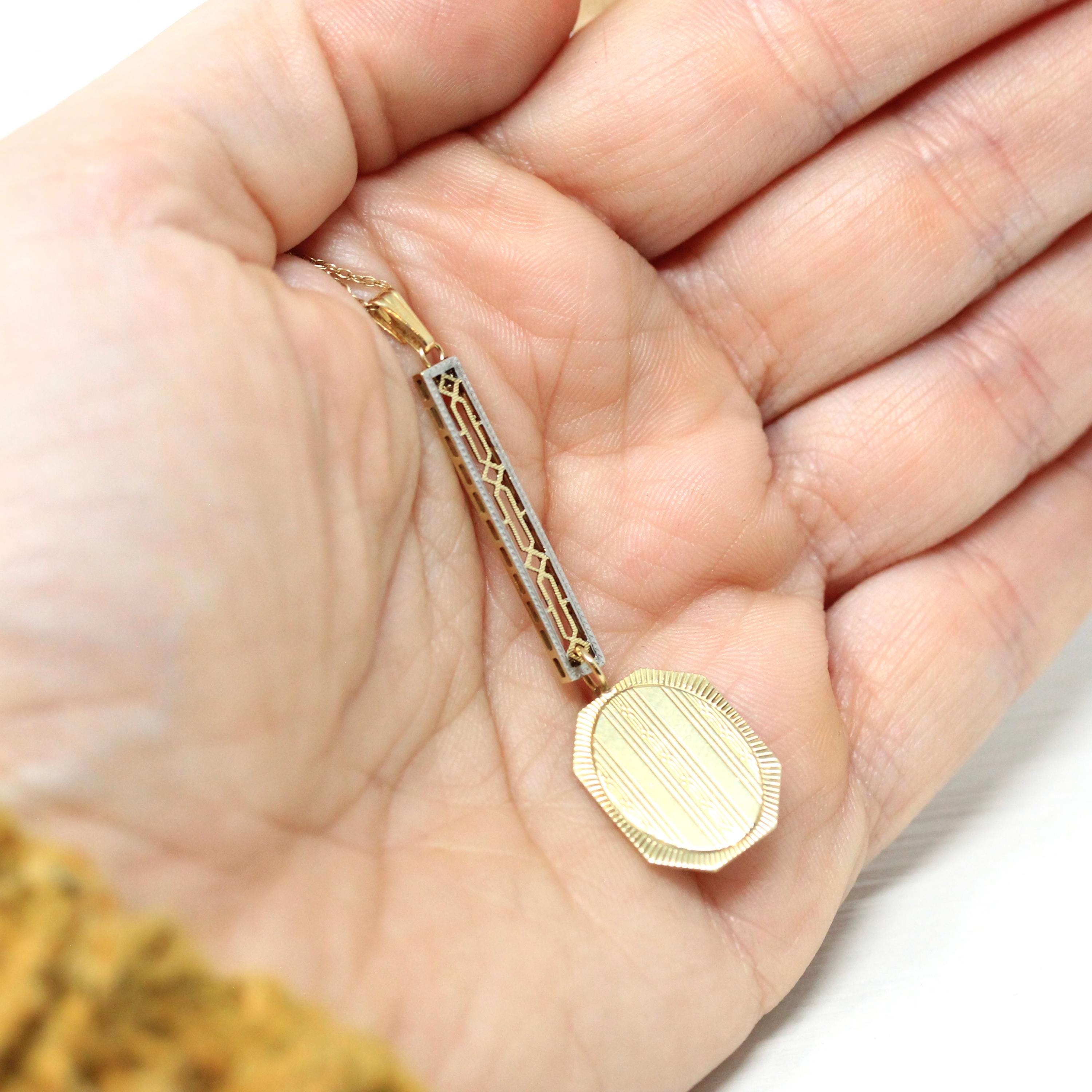 Antique Conversion Pendant - Late Edwardian Deco 10k Gold Cufflink 14k Bar Drop Two Tone Upcycled - Circa 1920s Fine Dainty Filigree Jewelry