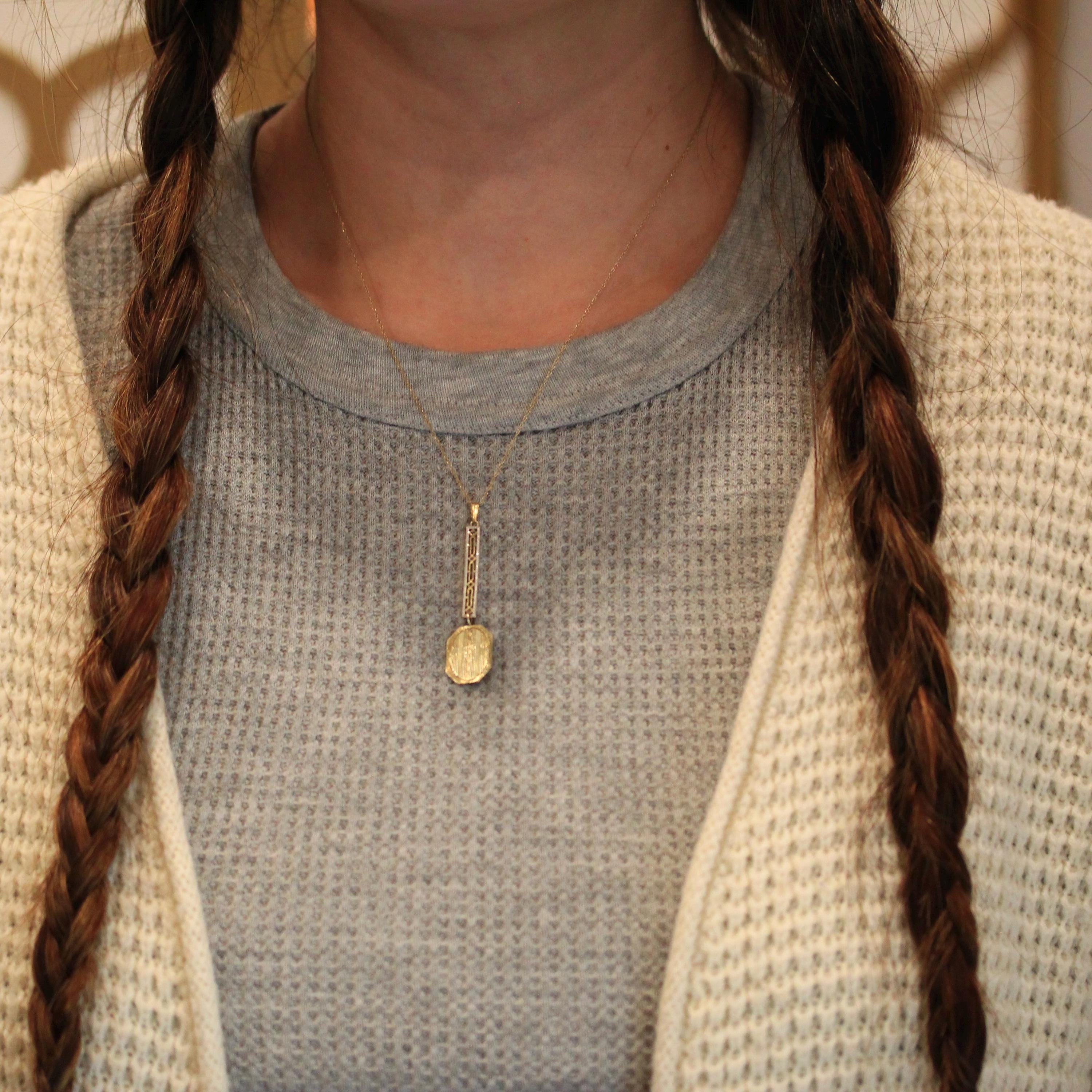 Antique Conversion Pendant - Late Edwardian Deco 10k Gold Cufflink 14k Bar Drop Two Tone Upcycled - Circa 1920s Fine Dainty Filigree Jewelry