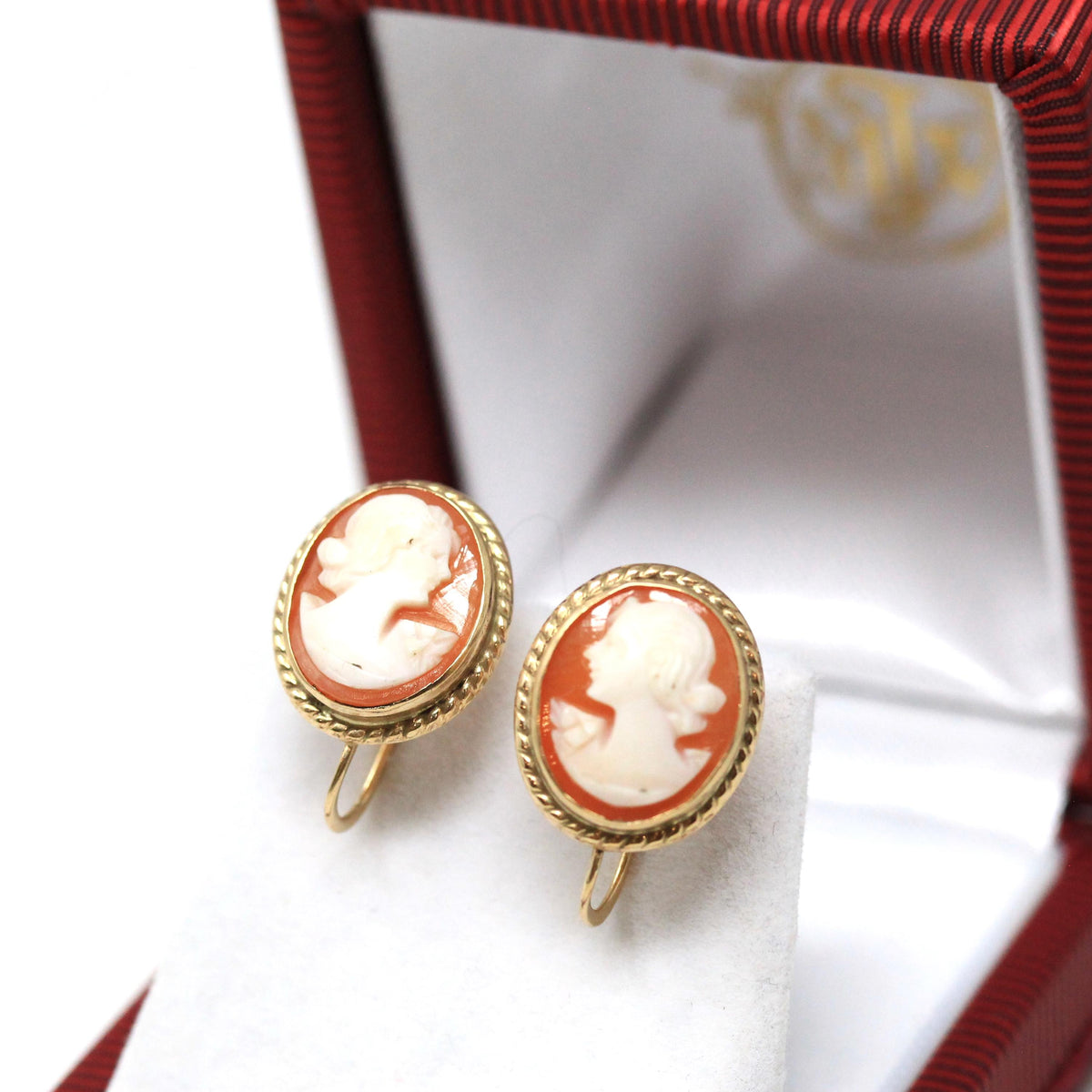 Vintage Cameo Earrings - Retro 10k Yellow Gold Oval Carved Shell Portrait Screw Backs - Circa 1940s Era Fashion Accessories 40s PSCO Jewelry