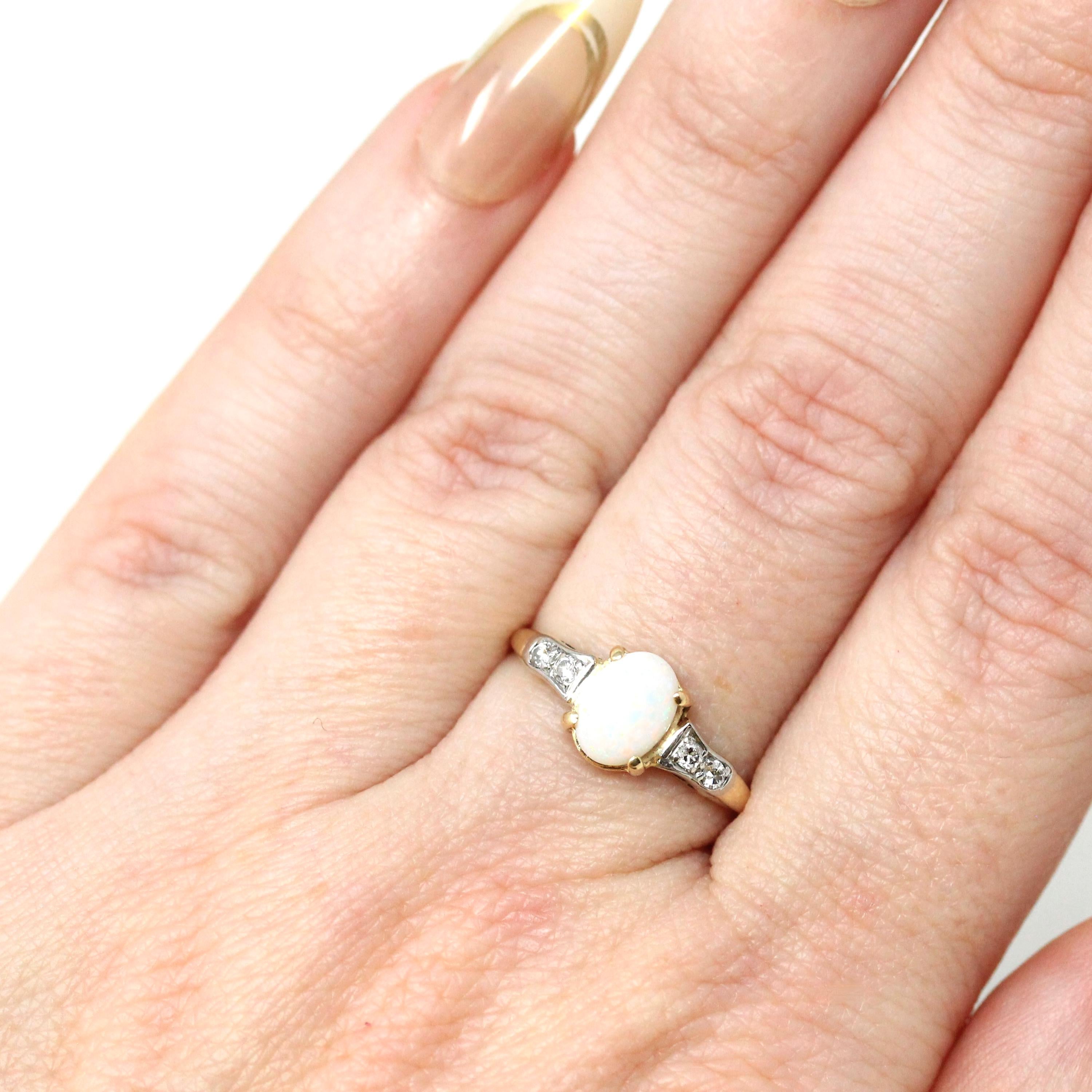 Opal & Diamond Ring - Modern 14k Yellow Gold Oval Cut October Birthstone Gemstone - Estate Circa 2000's Era Size 5 1/4 Two Tone Fine Jewelry