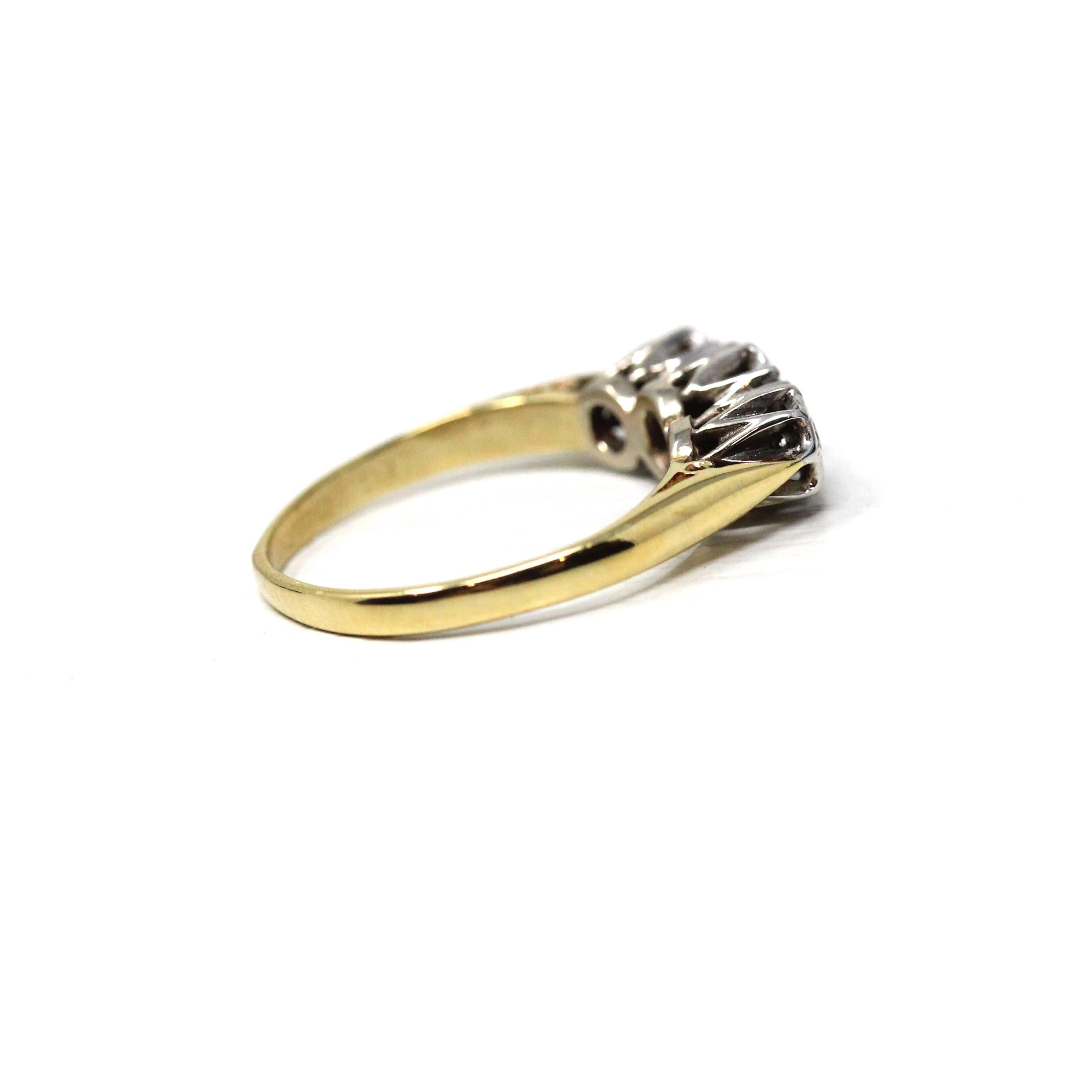 Three Diamond Ring - Retro Era 18k Yellow & White Gold Two Tone Engagement Band - Circa 1970s Size 5 1/4 Fine Star Incised Bridal Jewelry
