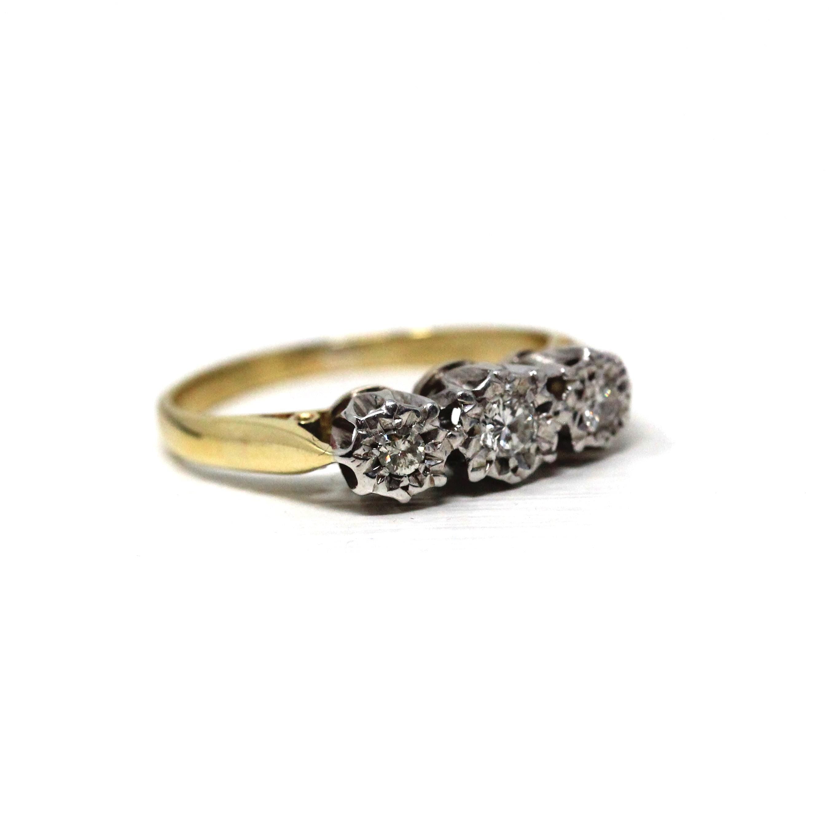 Three Diamond Ring - Retro Era 18k Yellow & White Gold Two Tone Engagement Band - Circa 1970s Size 5 1/4 Fine Star Incised Bridal Jewelry