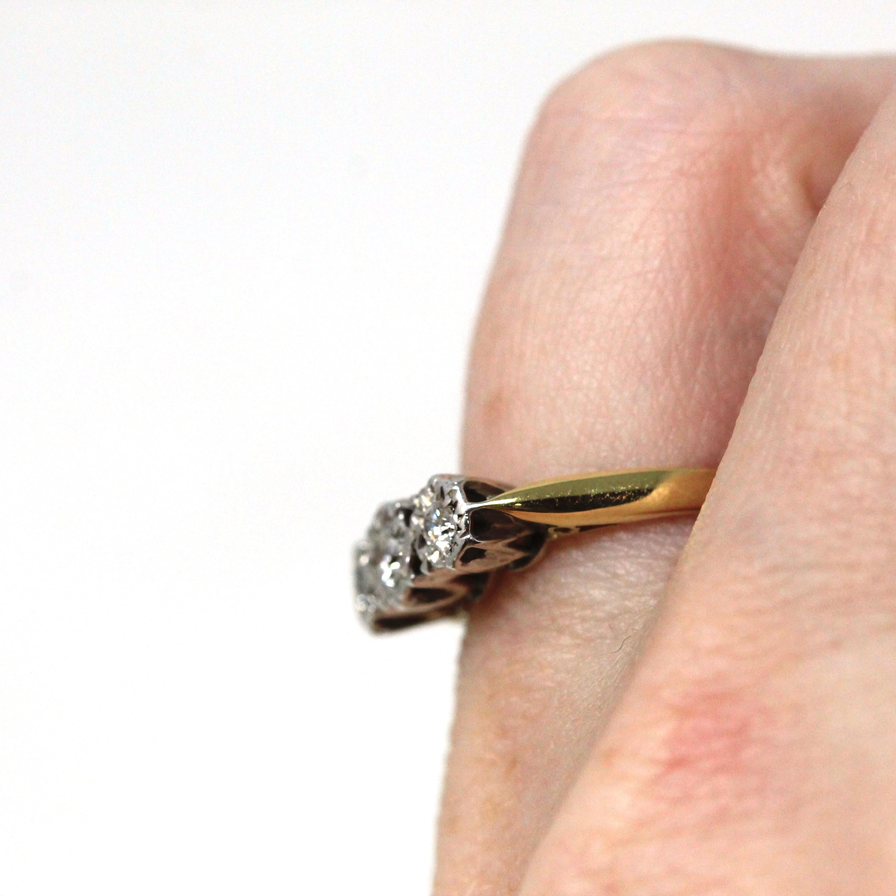 Three Diamond Ring - Retro Era 18k Yellow & White Gold Two Tone Engagement Band - Circa 1970s Size 5 1/4 Fine Star Incised Bridal Jewelry
