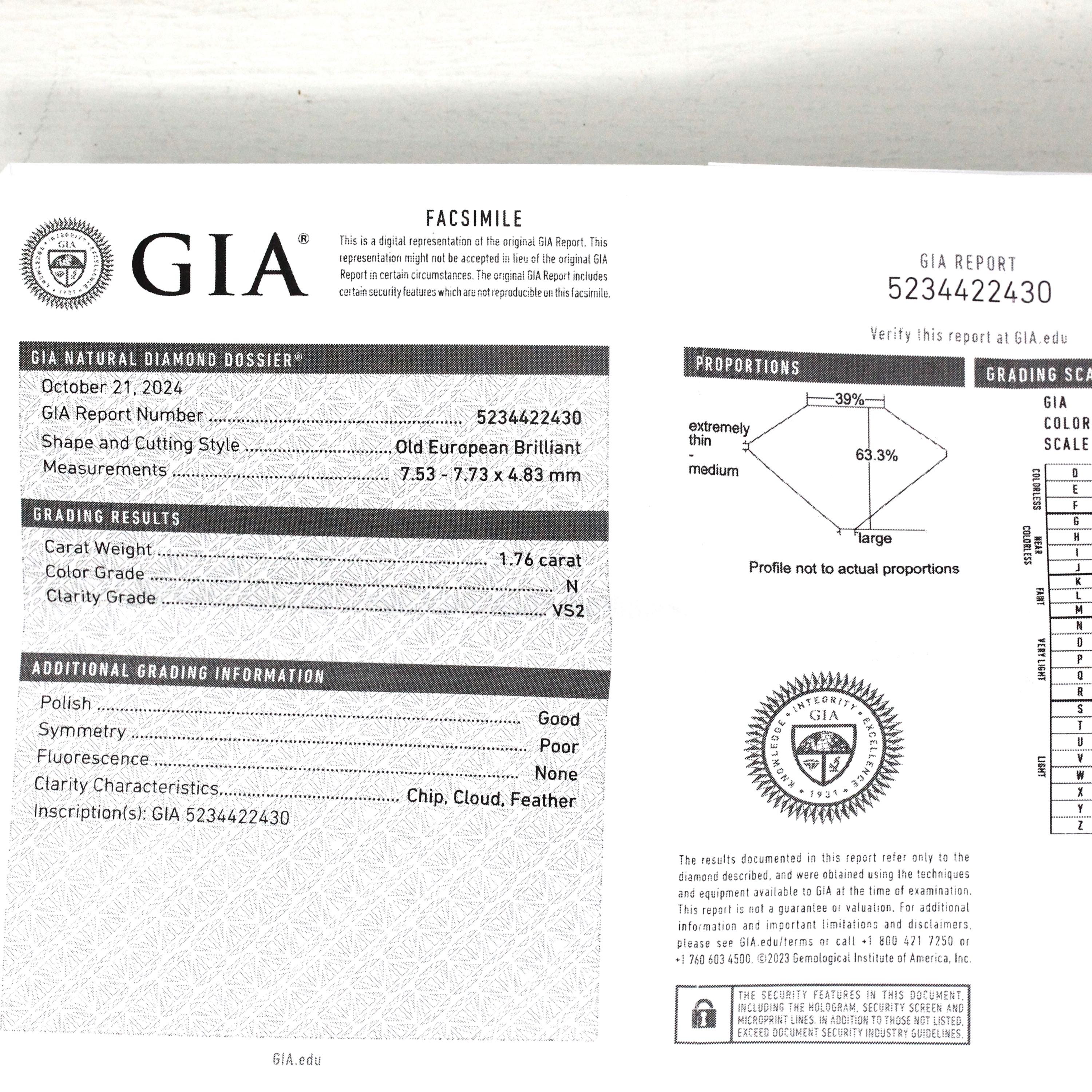 1.76 Carat Diamond Engagement Ring - Mid Century Platinum Old European Brilliant Cut - Size 6 3/4 Circa 1950s GIA Report Fine Bridal Jewelry